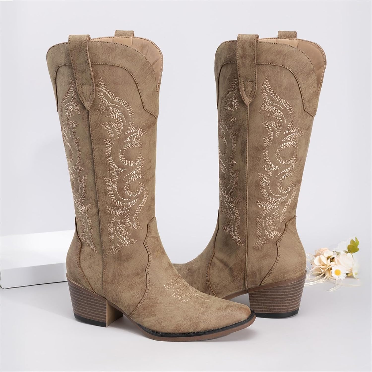 Athlefit Cowboy Cowgirl Boots for Women Western Fashion Embroidery Chunky Heel Pointed Toe Comfortable Mid Calf Boots with Side Zipper