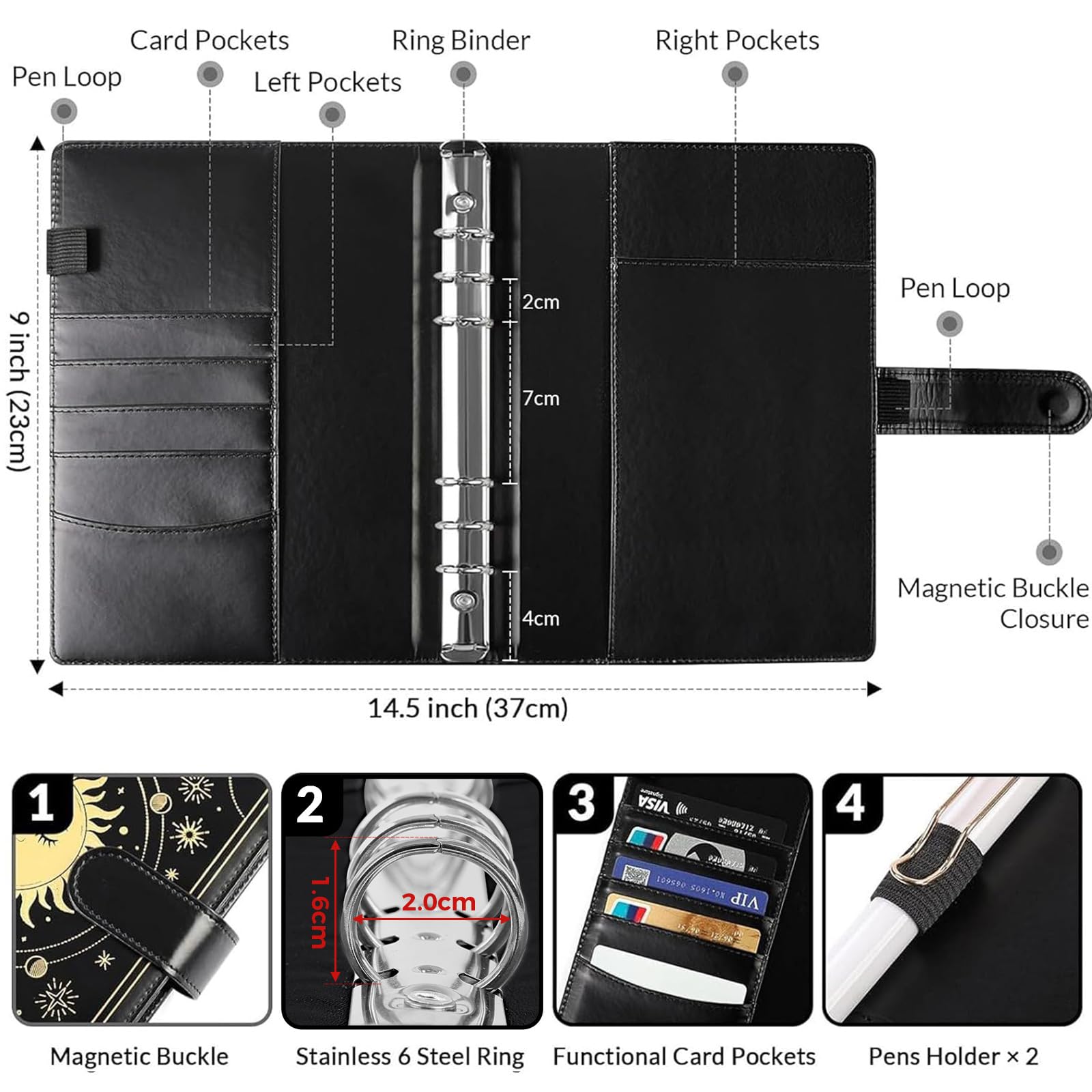 Raccoglitore A5 A 6 Anelli In Similpelle – 23,5x17,7 Cm, Chiusura Magnetica, Tasche Porta Carte, Fino A 100 Fogli
