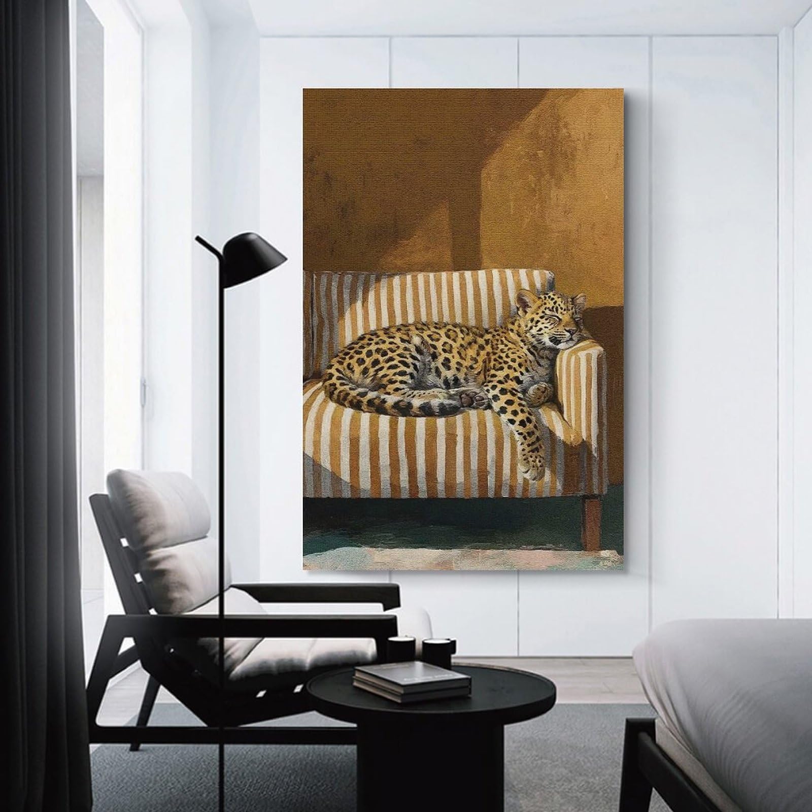 Junmoney Unframe-Style-21-1 Leopard Resting On Striped Couch Home Decor Wall Art 08X12inch(20X30cm), For Gallery Wall Layouts In Home Or Office, A Versatile Canvas Print For Layering