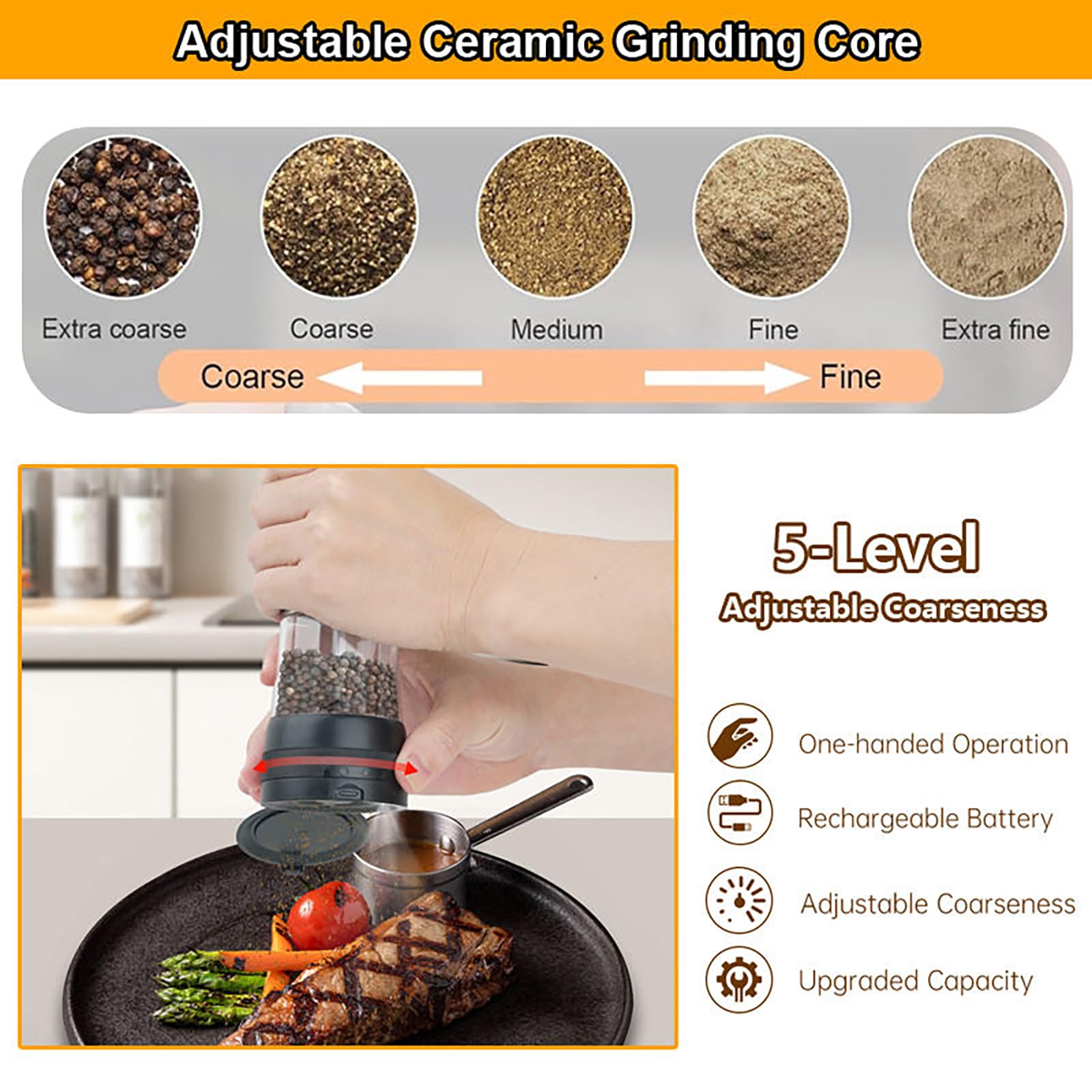 Set macina sale e pepe elettrico ricaricabile, 5 livelli di grossolanità regolabili, controllo a 2 velocità, display batteria, grande capacità 100 ml for la cucina domestica