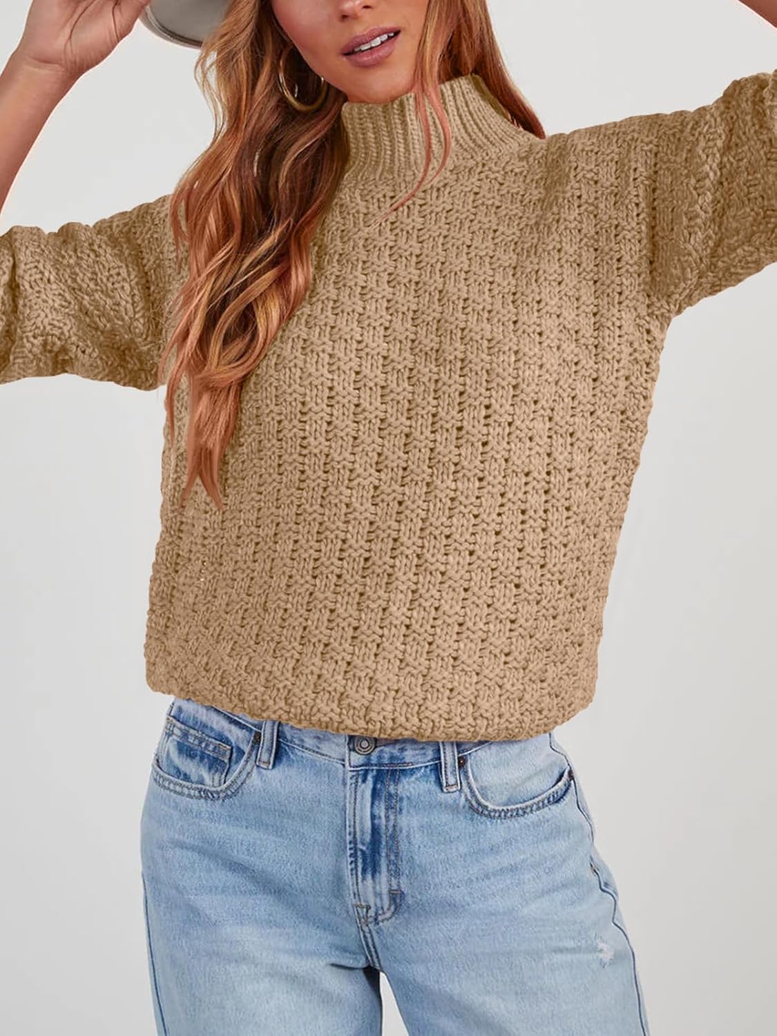 Women's Textured Mock Neck Knit Sweater Long Sleeve Turtleneck Sweater 2024 Fall Winter Chunky Knitted Pullover Jumper Tops - Image 4