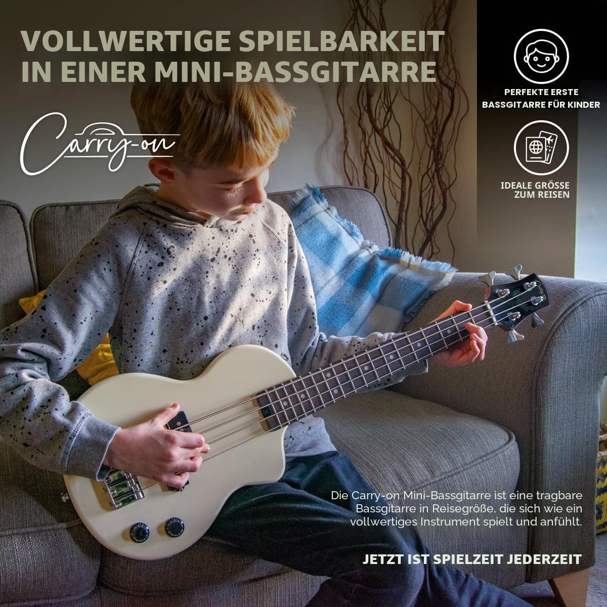 BLACKSTAR Carry-on By Blackstar Mini Elektrische Bassgitarre Jahrgang Weiß Perfekt für Kinder und Erwachsene, Einsteiger und Reisen