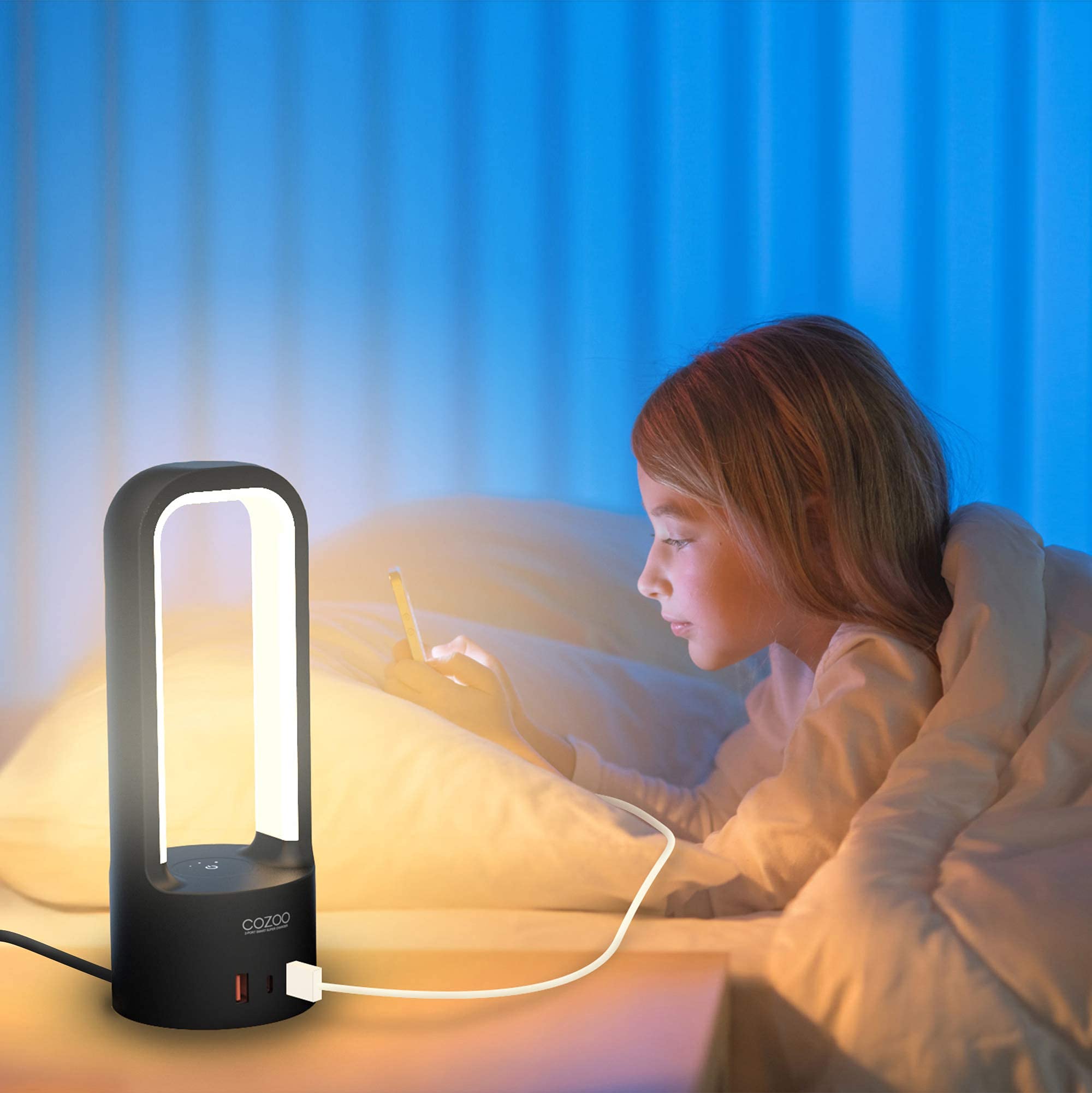 COZOO Luz nocturna RGB, lámpara táctil de mesita de noche con 2 puertos de carga USB y 1 puerto tipo C, luz LED RGB regulable de 3 vías, lámpara USB pequeña inteligente para dormitorio, sala de estar