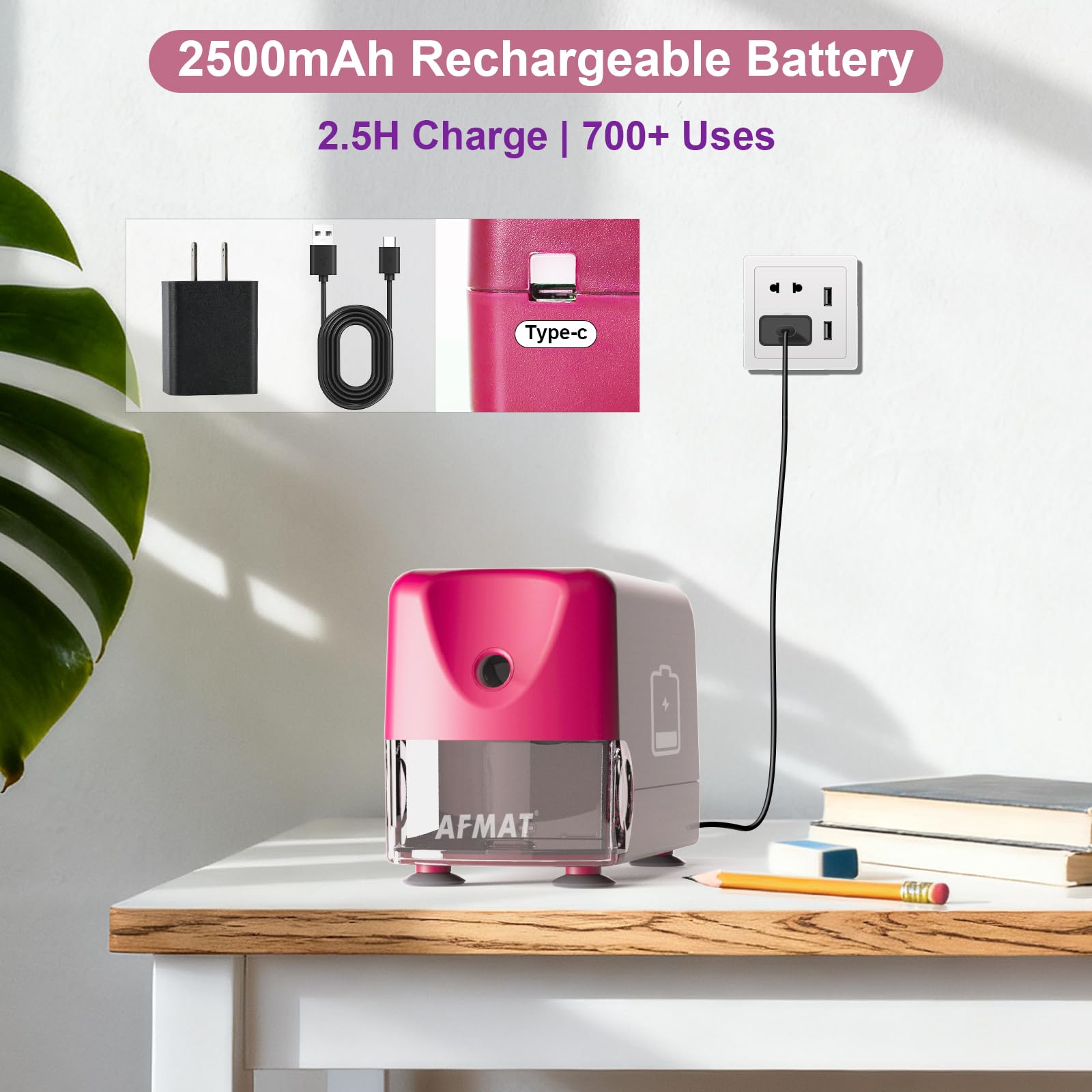 AFMAT Sacapuntas eléctrico para aula, inalámbrico y recargable, sacapuntas resistente para lápices de colores de 6 a 11 mm, n.º 2, más de 10 mil usos, parada automática, afilado rápido de 2 segundos
