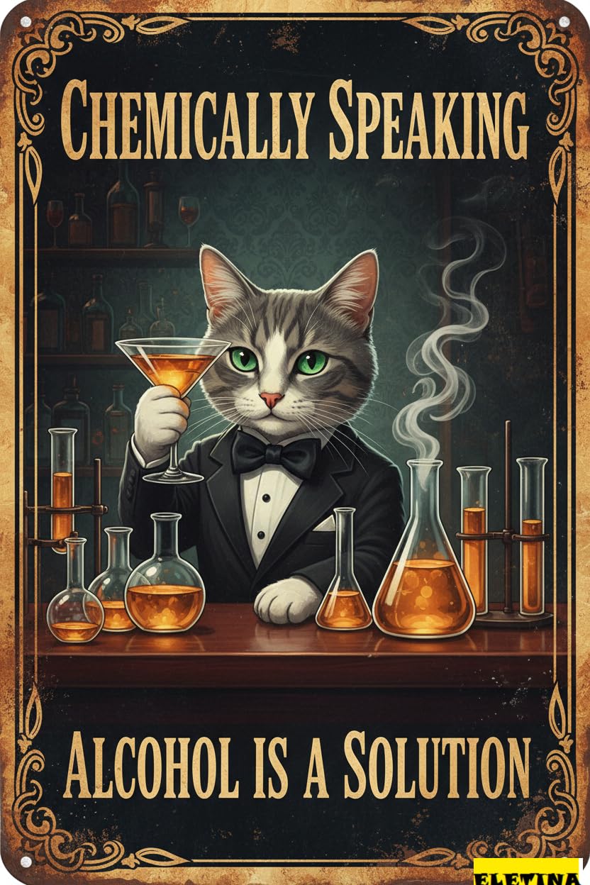 Chemically Speaking Alcohol Is Solution Cat Tin Sign, 8x12