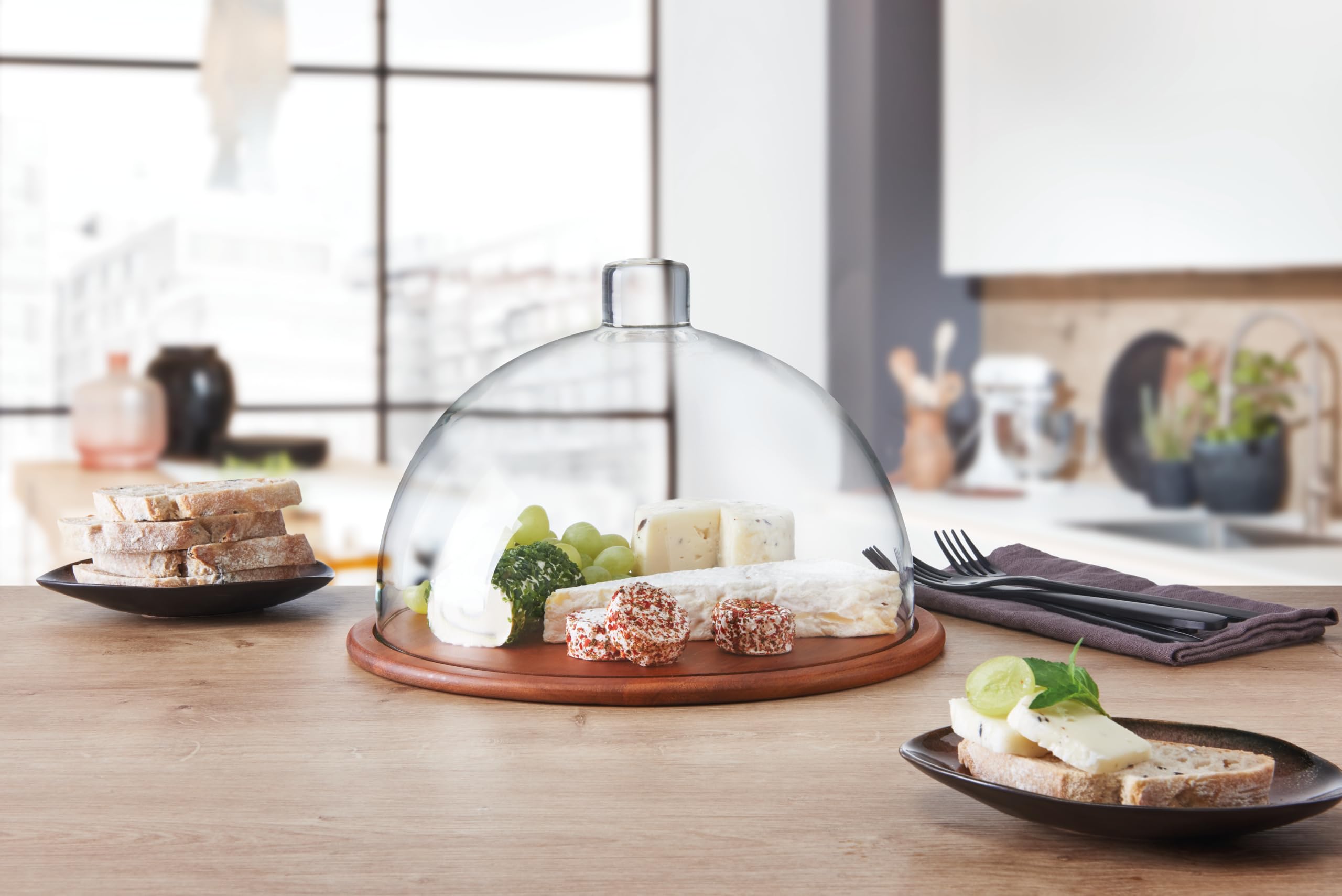 LEONARDO HOME Cucina Holz-Käseplatte und Glas-Glocke, Käse-Brett aus Holz inklusive Glas-Haube, 2er Set, Ø 280 mm, 018519