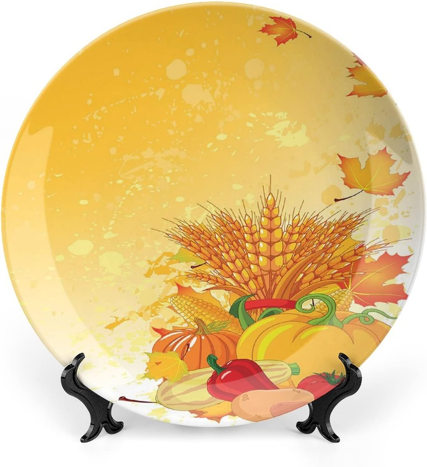 XISUNYA 8 Inch Decorative Plate, Harvest Ceramic Plate, Festive Vegetables Plump Pumpkins Wheat Fall Leaves Print Ceramic Wall Hanging for Home & Office Wall Hanging Decor