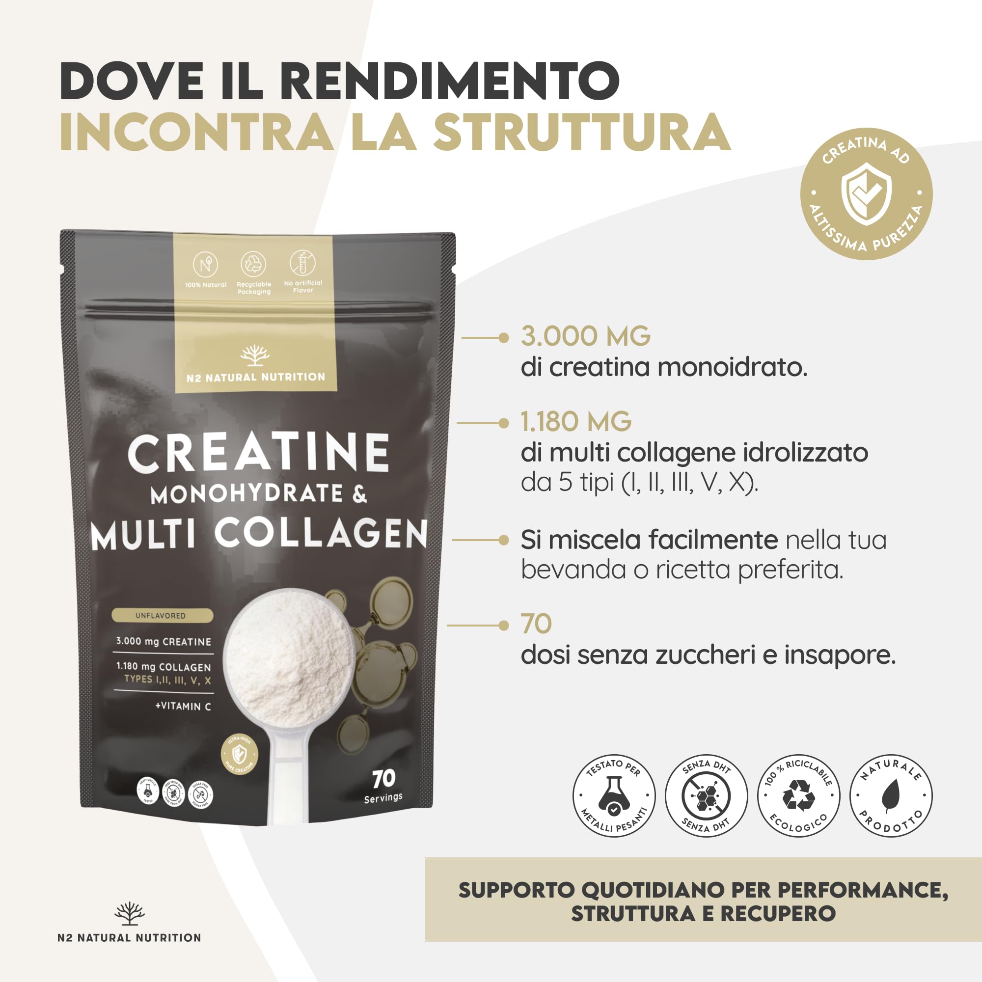 Triple Magnesio 440mg + Integratore Uomo con Maca, Ginseng e Zinco + Creatina Monoidrato e Collagene Multi Tipo 70 Dosi. N2 Natural Nutrition