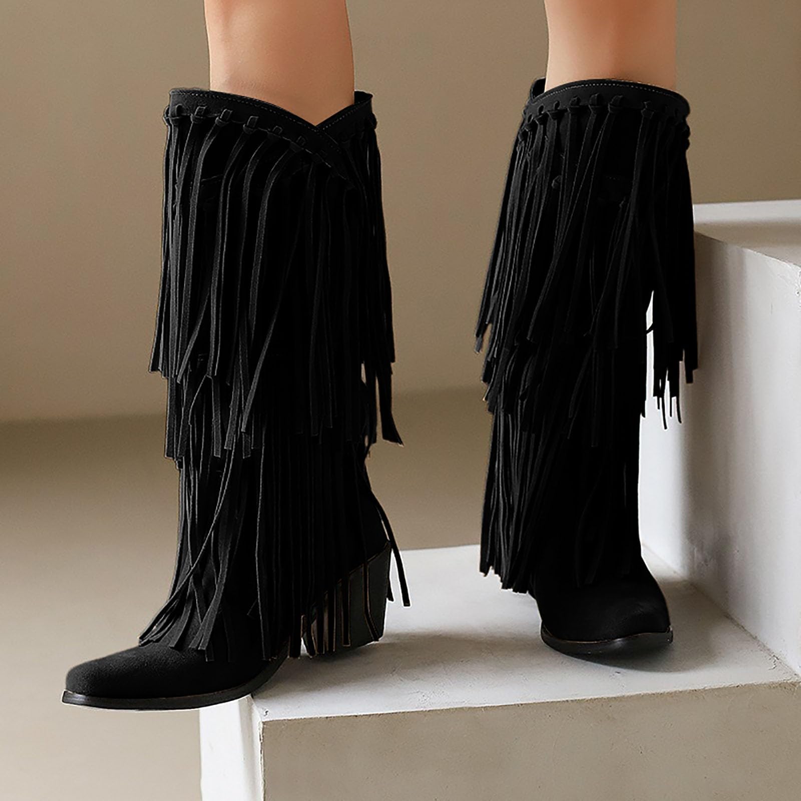 Stivali da cowboy da donna con frange, tacco a blocco, in pelle scamosciata, alti al ginocchio, eleganti stivali lunghi