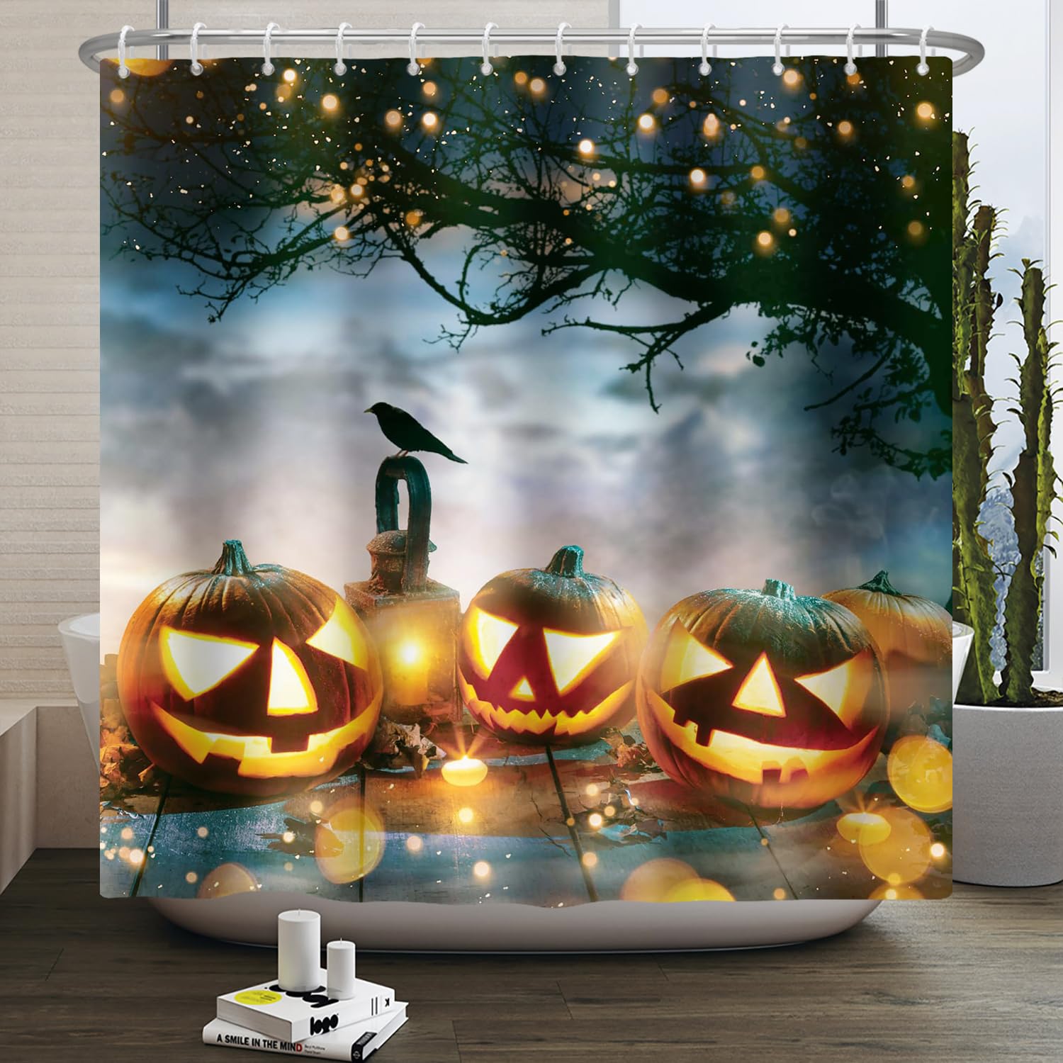 SDOTPMT 165x180cm Halloween Themed Shower Curtain Spooky Mysterious Ghost Forest Pumpkin Wooden Plank Bath Curtain Day of The Dead Bathtub Curtain for Bathroom Decor Polyester with Hooks