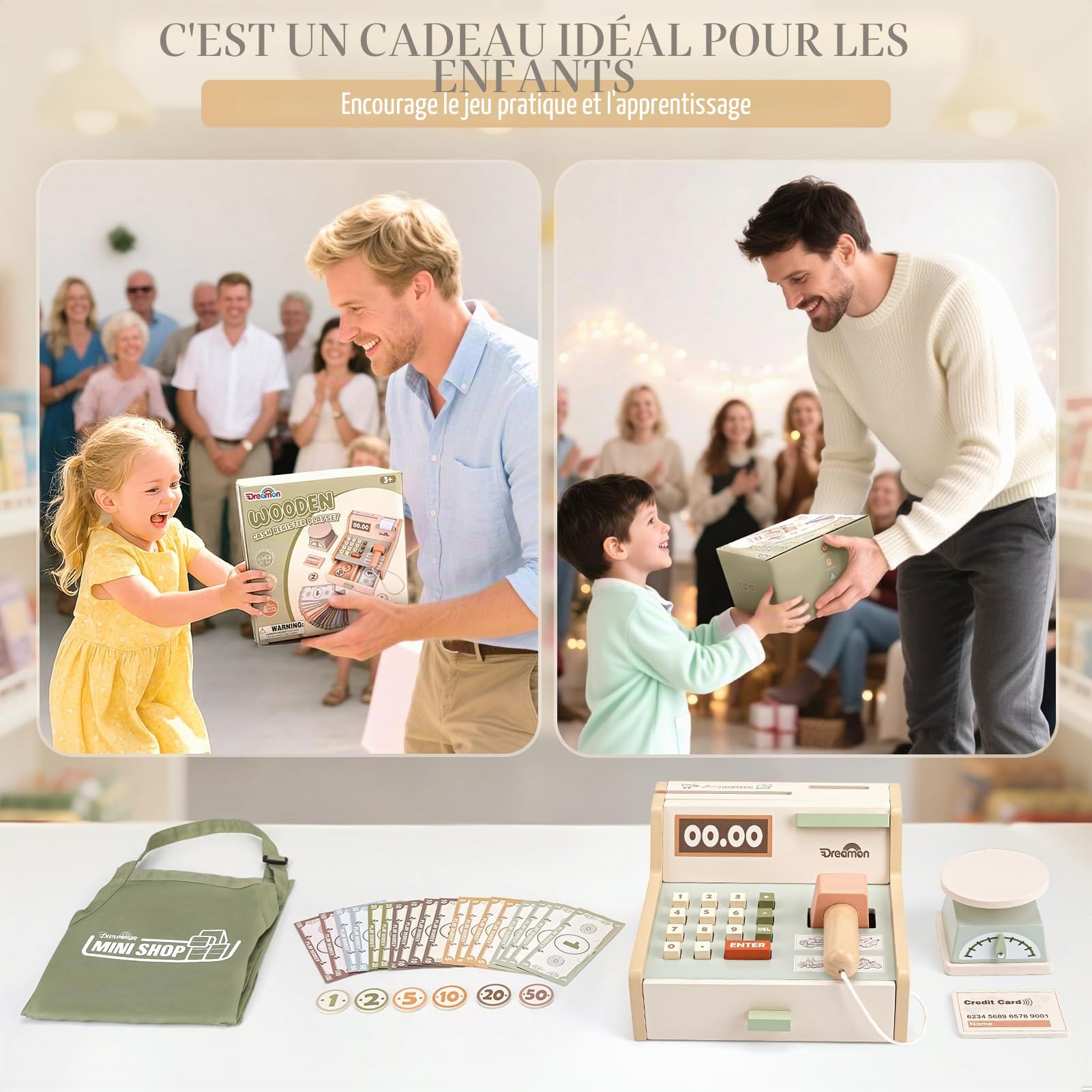 Dreamon Caisse Enregistreuse Enfants Bois, Marchande Enfants Jouet avec Scanner Tablier de Courses, Cadeaux de Noël pour Garçons Et Filles Âgés 3 4 5 6 Ans