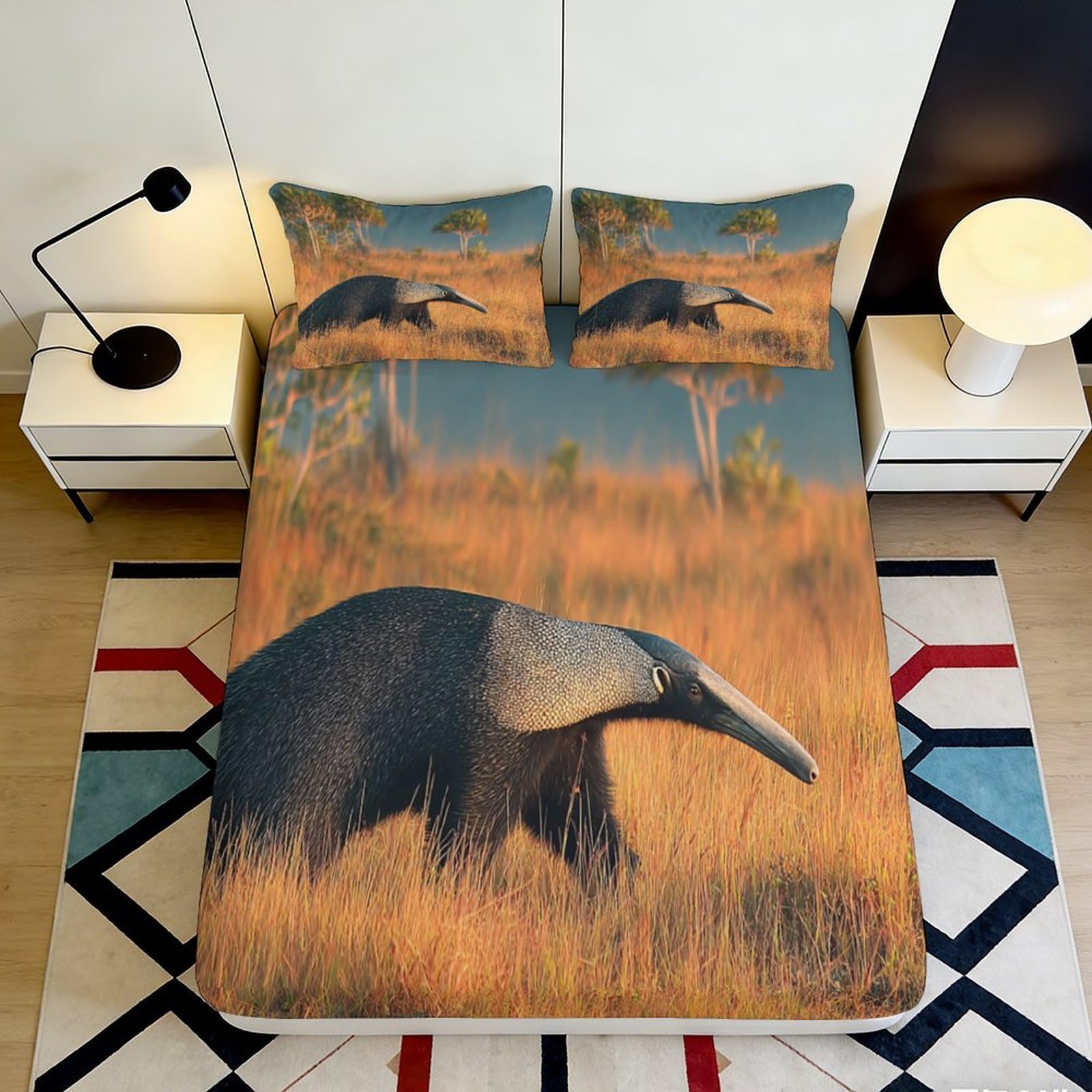 3D Printed Anteater Savanna Fitted Sheet Microfiber Soft Breathable Sunset Landscape Mattress Cover for Bedroom Dorm 90x200x25cm