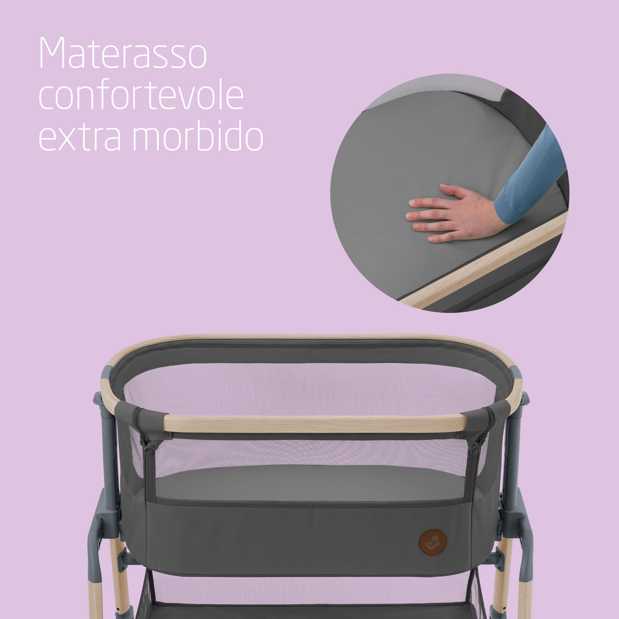 Maxi-Cosi Iora Air Lettino neonato, co-sleeping con materasso imbottito, funzione dondolo, regolabile in altezza, reclinabile,tessuti riciclati ecologici e traspiranti, 0-9 kg, Beyond Graphite