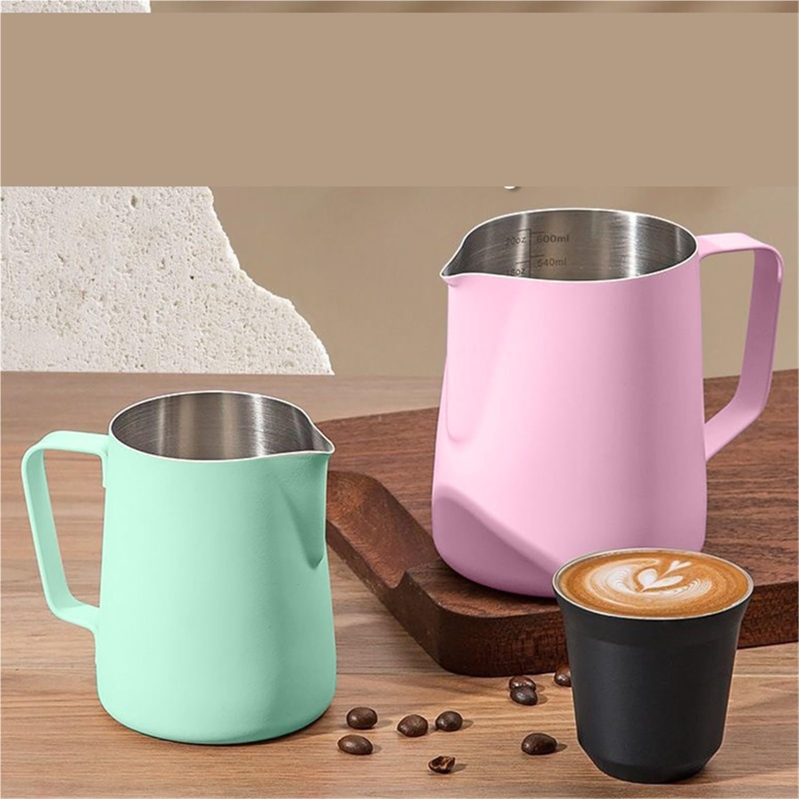 Jarra for espumar café con leche, 2 uds., Latte Art, Espumador de, jarra medidora acero inoxidable, herramienta Espresso Barista, accesorios Para café(Silver,350ml)