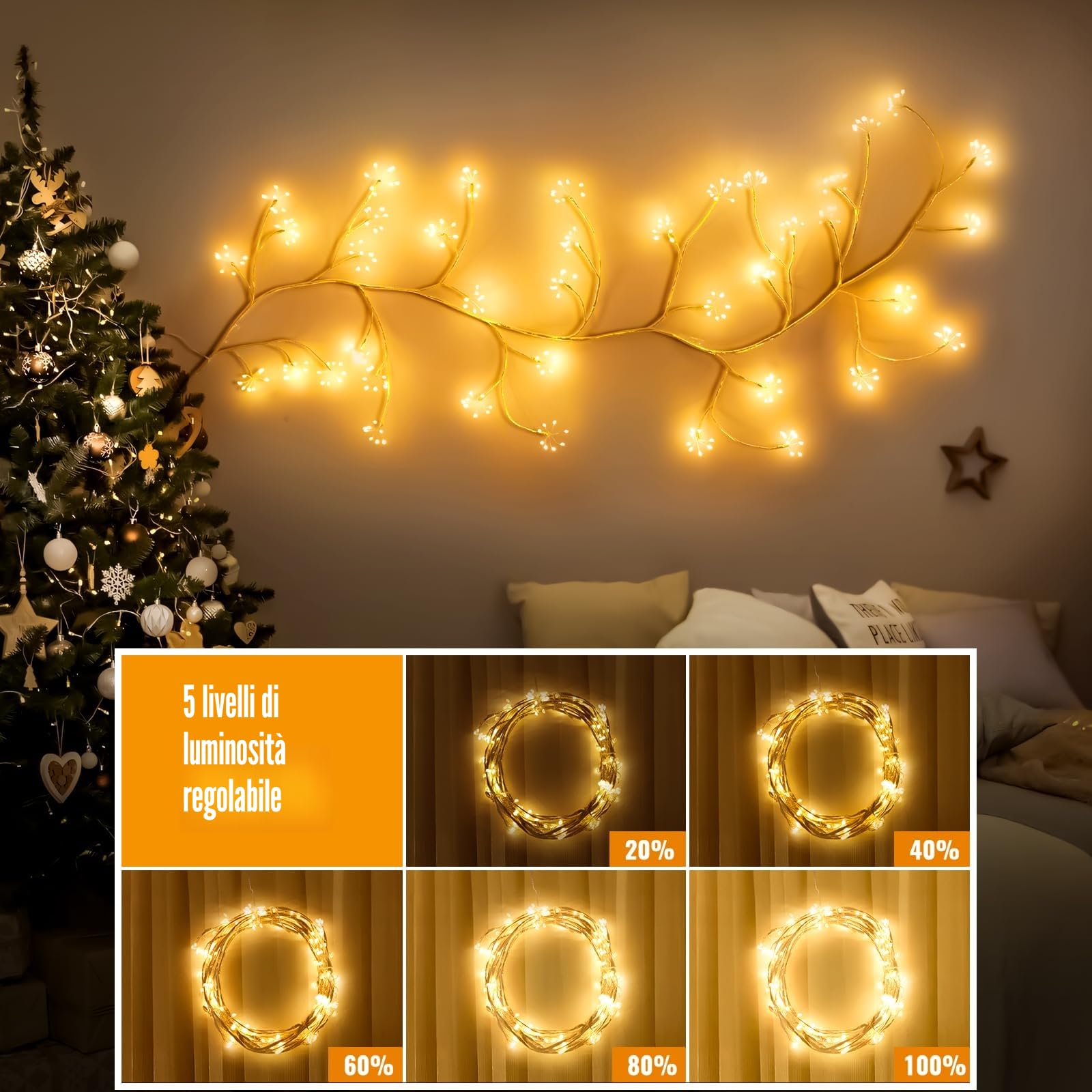 Ghirlanda Luminosa Luci a Fuochi d’Artificio, 8 Modalità Luci Albero con Telecomando e Timer, 288 LED Rami Albero Fai-da-te con Spina, Decorazione da Parete Interna per Camera da Letto e Natale