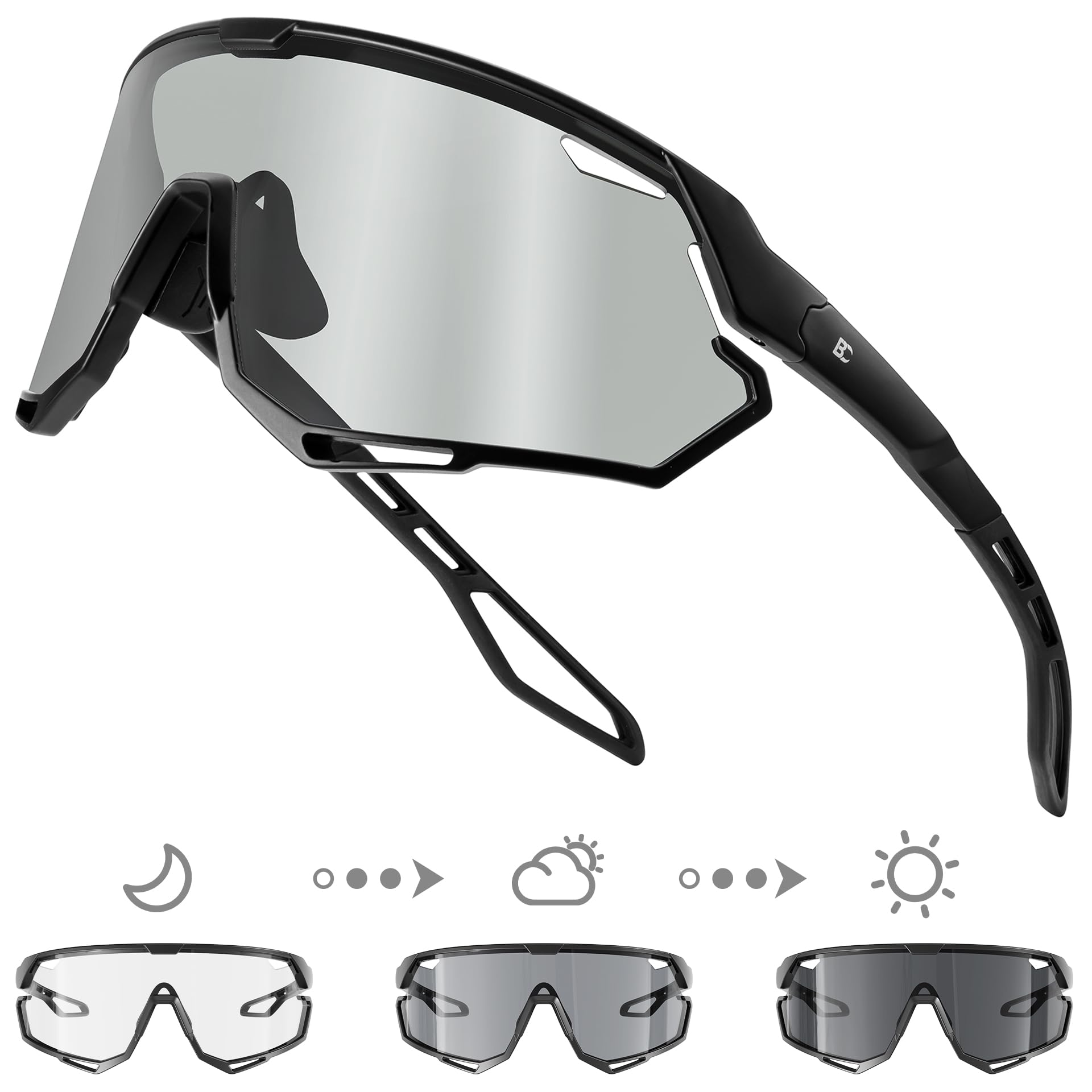 Bircenpro Photochromic Sports Cycling Glasses: Lightweight UV400 Protection Sunglasses for Men Women Outdoor Running Cricket Black Lens