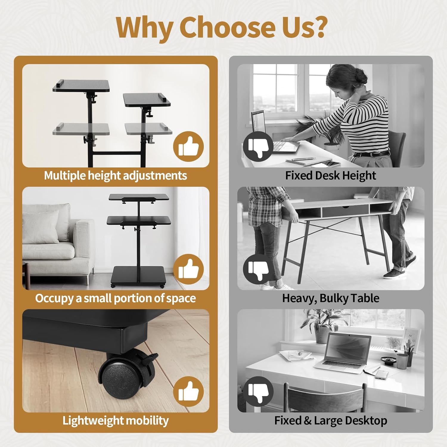 Rolling Desk for Laptop - Standing or Sitting Mobile Computer Cart with Wheels, Adjustable Height & Angle 23.6-inch Surface - Portable Home Office Workstation - Black