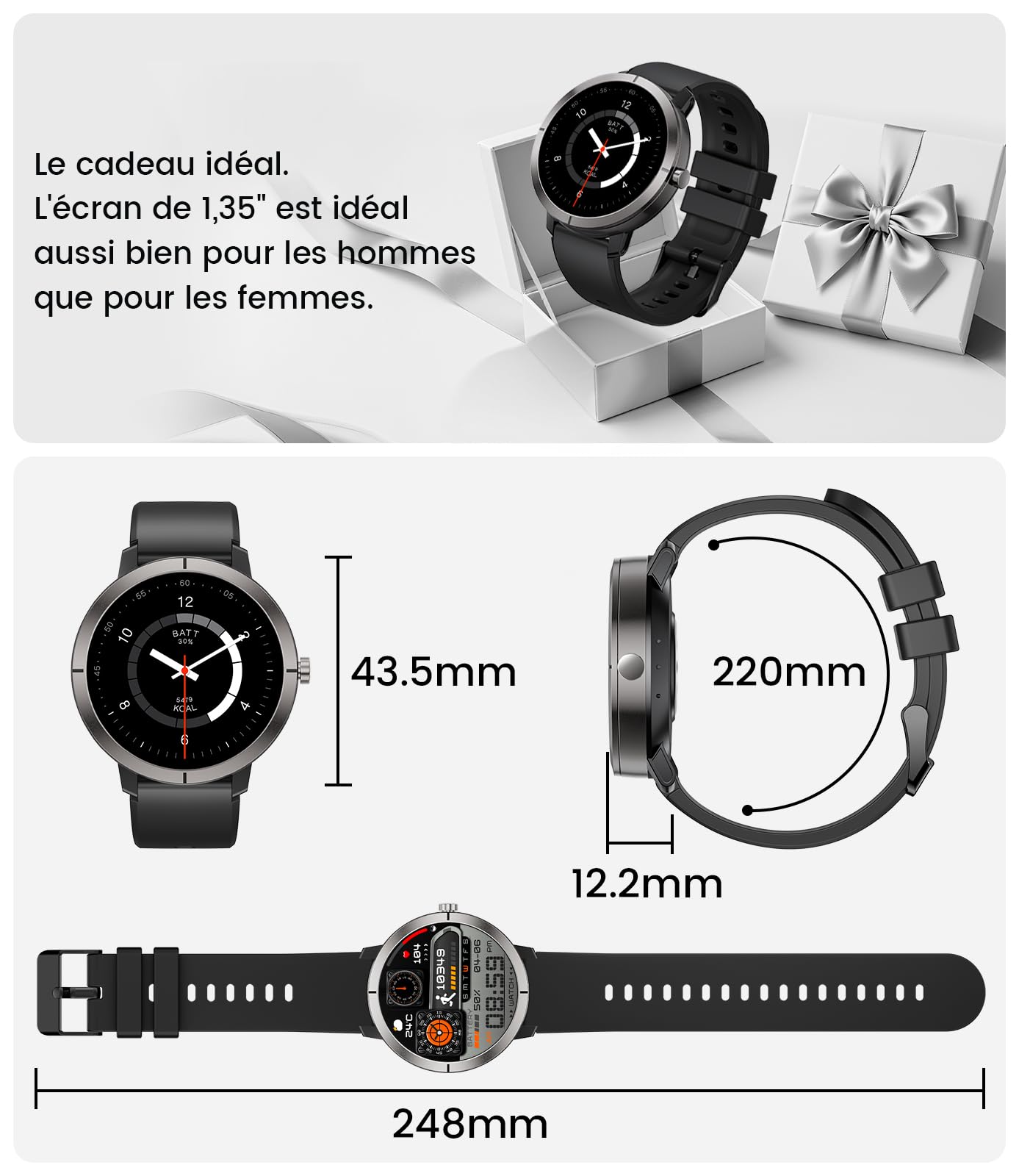 Montre Connectée Homme Femme avec GPS,10 Jours Batterie,1,35'' Amoled Écran/Aluminium Boîtier/5ATM,170+ Modes Sportifs,Fitness Tracker avec Fréquence Cardiaque,Suivi de Sommeil,pour iOS Android,Noir