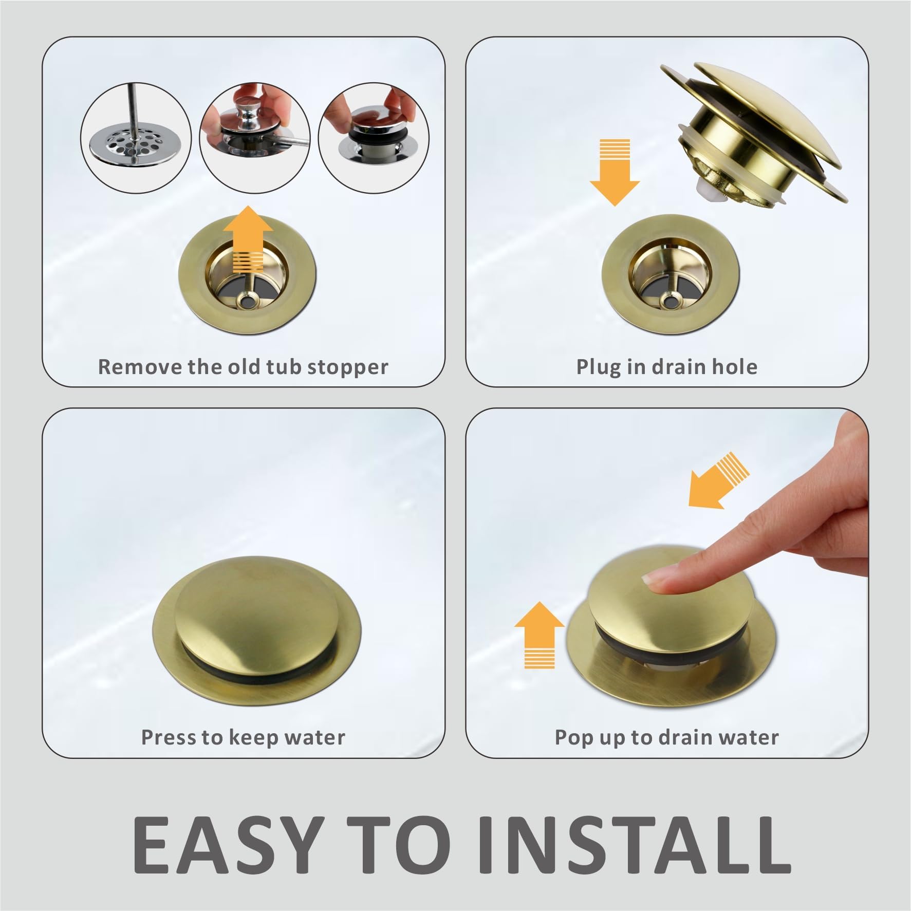 Brushed Gold Tub Drain Stoppers, Wellup Universal Pop Up
