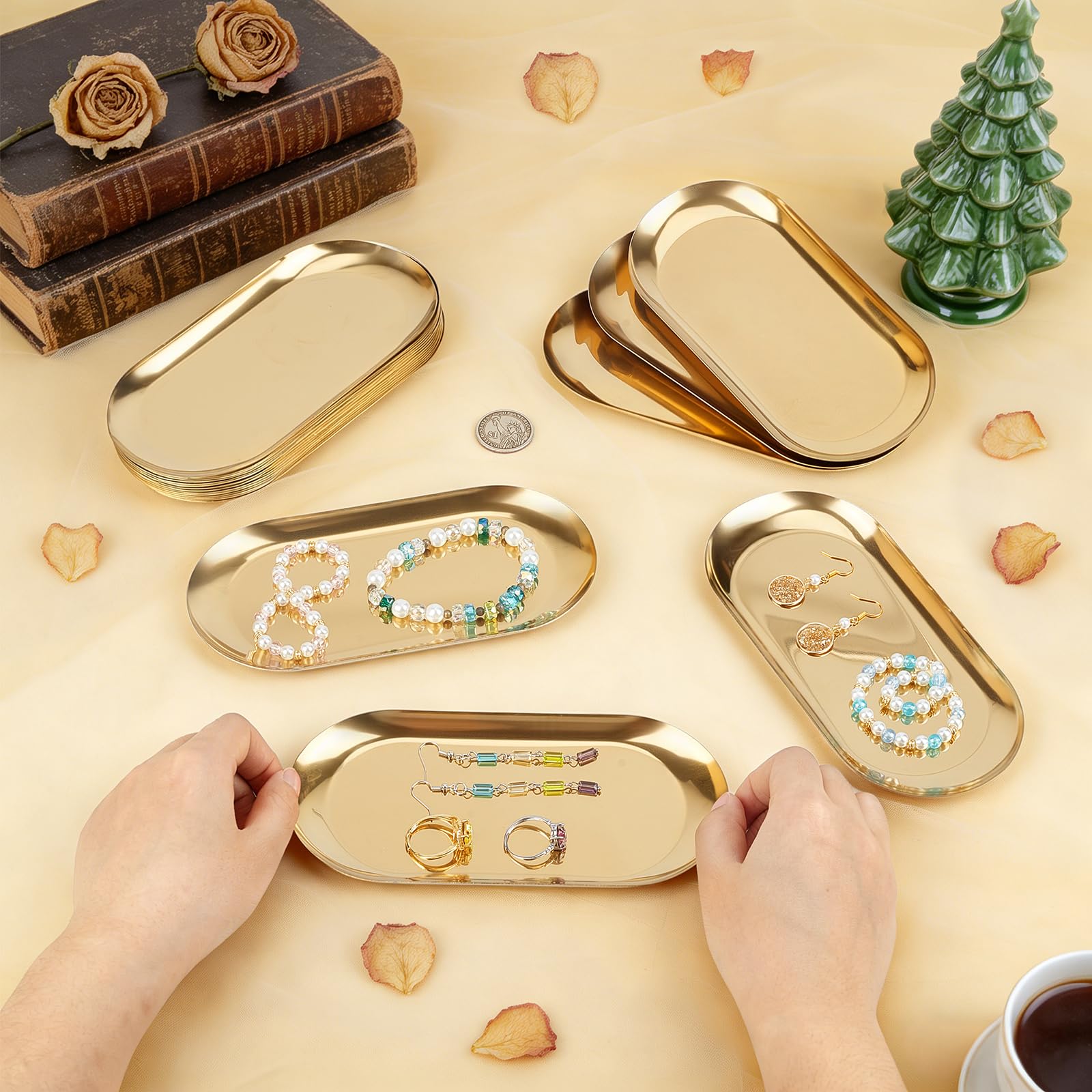 20 Teiliges Serviertablett Set Aus Edelstahl Schmucktabletts Goldene Servierplatten Dekorativ Zum Servieren von Speisen 17.5cm Ovale Aufbewahrungsschale Für Partybuffet Sushi Snacks