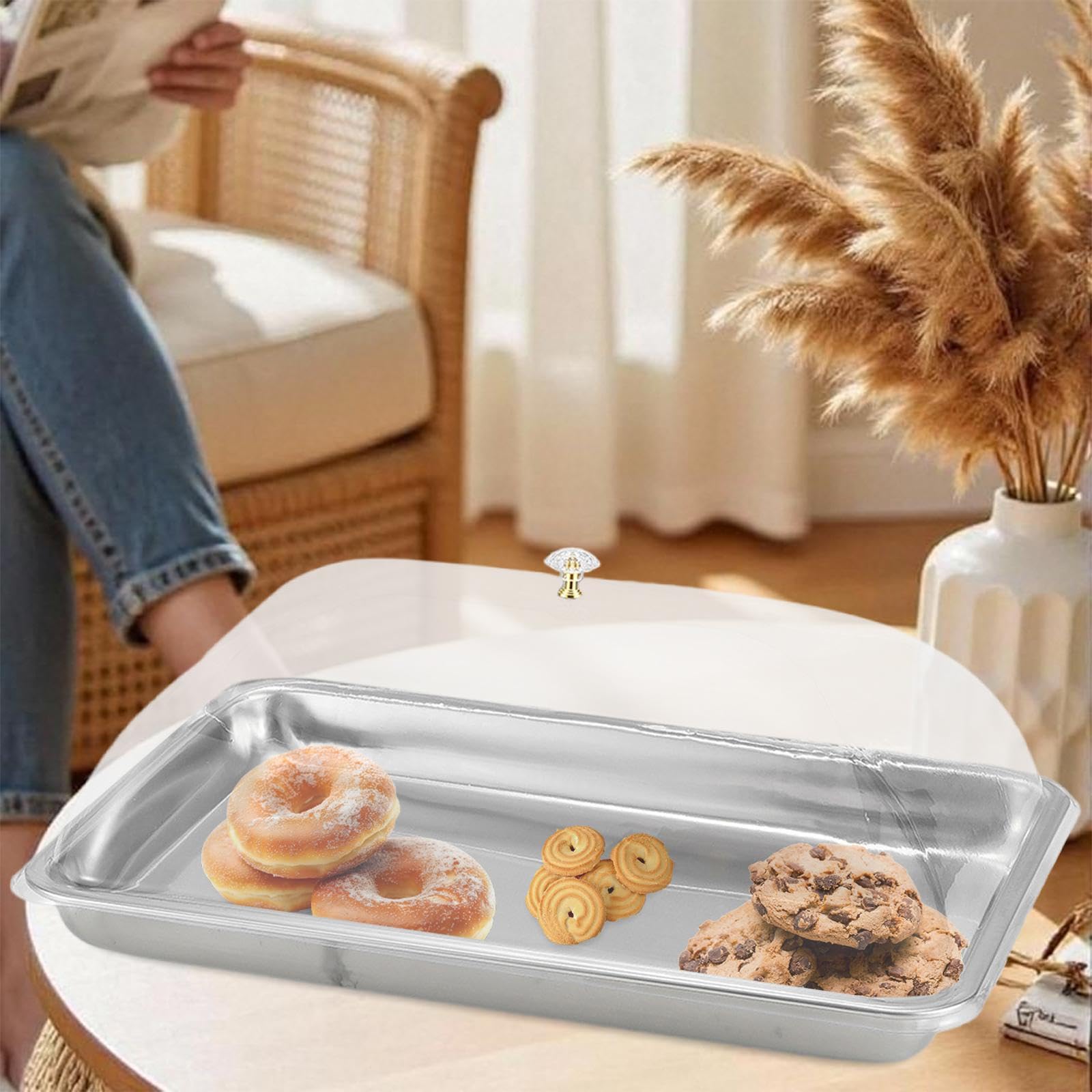 Vassoio da portata in acciaio inossidabile 304 con coperchio a cupola, vassoio multifunzionale per alimenti per festival e buffet, 50 x 35 x 5 cm, elegante, resistente, facile da pulire