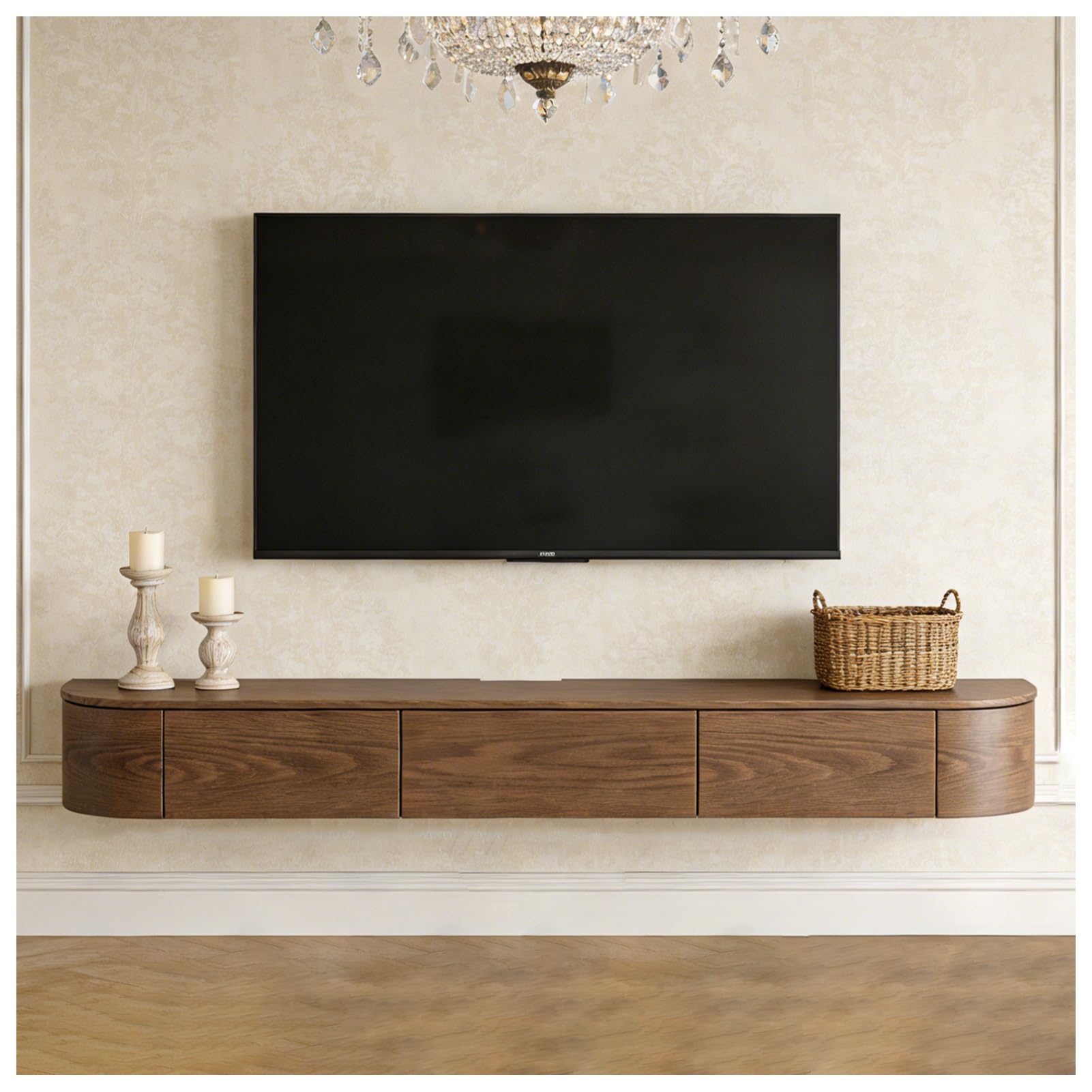 Floating TV Unit,160-240CM Wall Mounted TV Cabinet, Wall Mounted TV Stand With Flip-Down Doors & Drawers, Modern TV Media Console Center Large Storage TV Bench(BrownA,180cm)