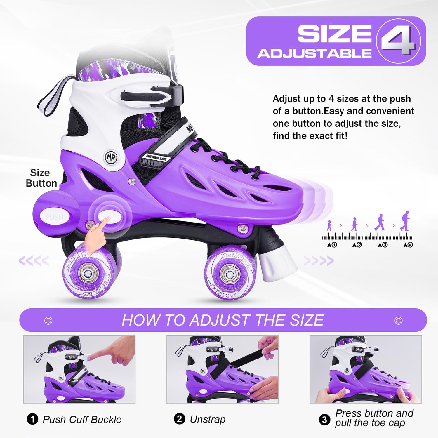 METROLLER Roller Skates for Girls Ages 5-8 8-12 and Boys Teens, Adjustable 4 Sizes for Kids Toddler Rollerskates with Light up Wheels, for Women