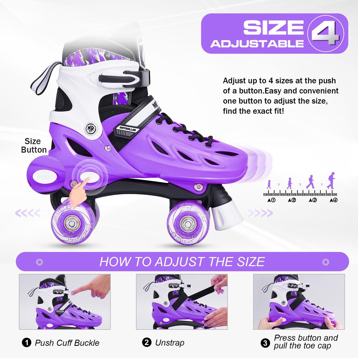 METROLLER Roller Skates for Girls Ages 5-8 8-12 and Boys Teens, Adjustable 4 Sizes for Kids Toddler Rollerskates with Light up Wheels, for Women