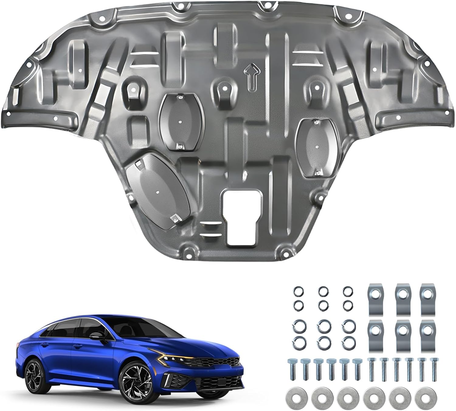 Carbon Steel Engine Splash Shield Fit for KIA K5 2021-2025, Engine Case Guard Under Engine Cover, Front Engine Guard Mud Flaps with Oil Drain Hole and high-Performance air Duct Design.