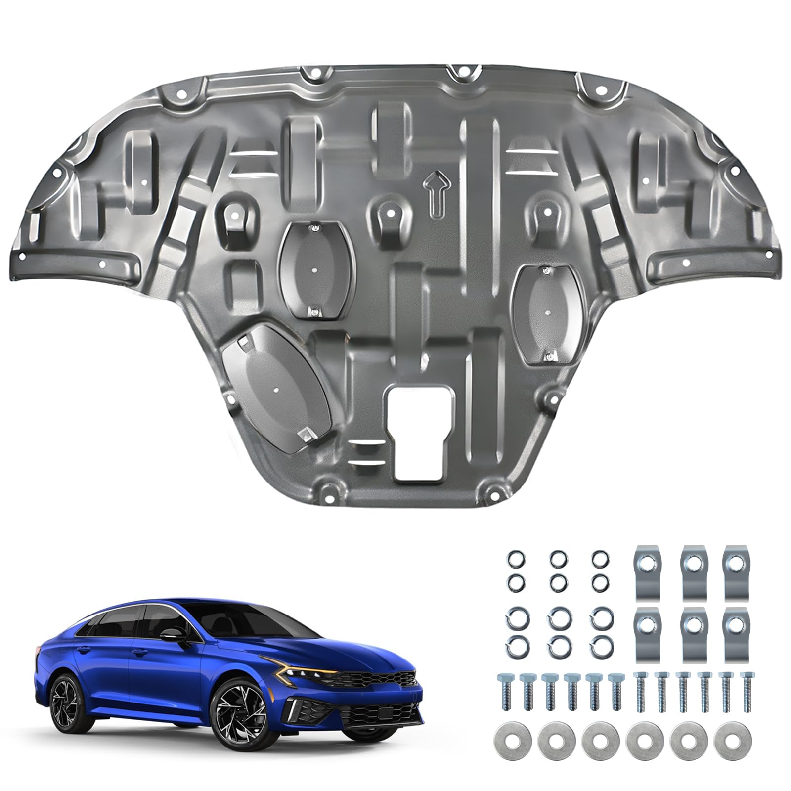 Carbon Steel Engine Splash Shield Fit for KIA K5 2021-2025, Engine Case Guard Under Engine Cover, Front Engine Guard Mud Flaps with Oil Drain Hole and high-Performance air Duct Design.