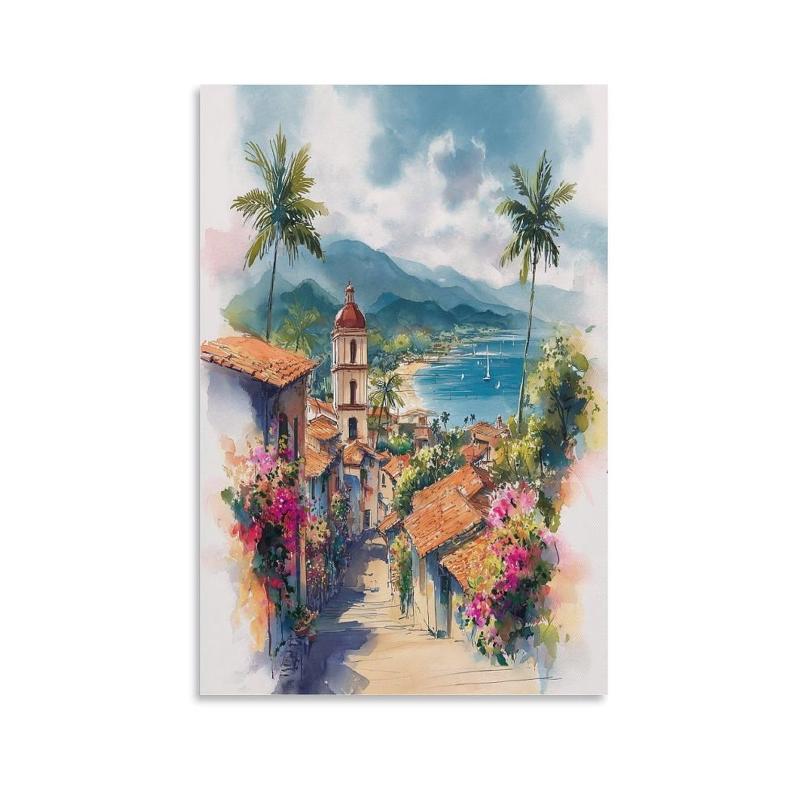 Cnaheiz Unframe-Style Puerto Vallarta Watercolor Painting_ Mexico Travel Posters 24X36inch(60X90cm) Vintage Watercolor Canvas Art