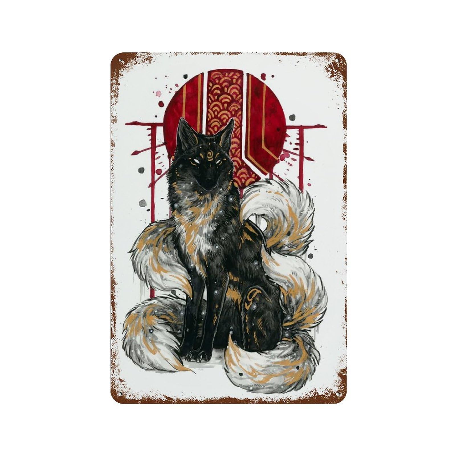 Kitsune Rusty Metal Tin Sign 11.8"x7.9", Industrial Home Decor for Garage, Pub Or Kitchen