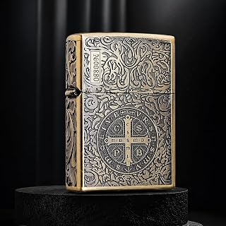 EC Support 互換品 CONSTANTINE コンスタンティン オイルライター 映画レプリカ 特大 聖ベネディクト メダル魔除け 唐草 多面彫刻 真鍮製 古銀 (アンティークゴールド)