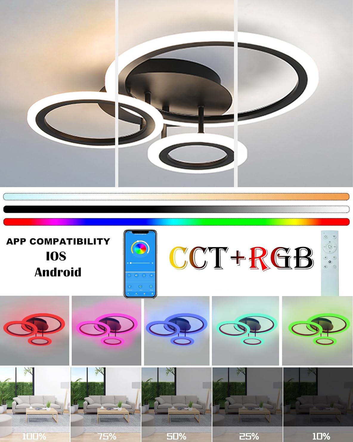 Lampada da soffitto a LED RGB Cambia colore con altoparlante Bluetooth, lampada da soggiorno, luce ad anello, dimmabile, per cameretta dei bambini, con telecomando e app