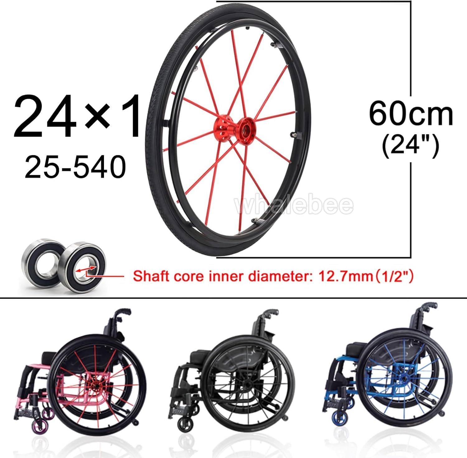 Ruedas Manuales para Sillas De Ruedas Ruedas De Repuesto De 24" Ruedas Traseras para Sillas De Ruedas 2 Piezas Ruedas De Liberación Rápida con Cojinete, Cubo De Rueda De ALU, Black, One Size