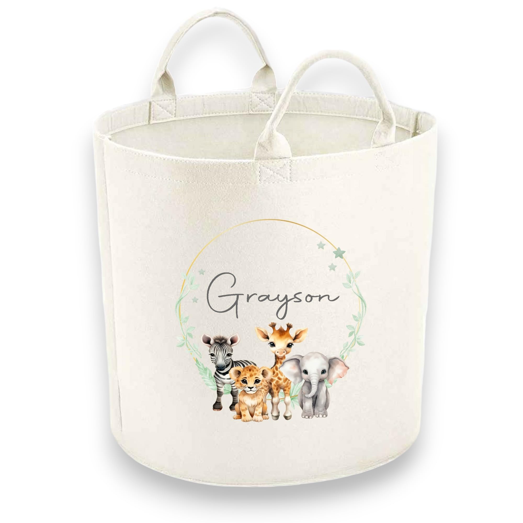 Personalised Child Felt Toy Tub with A Jungle Safari Wreath Print (Various Sizes) (Small (30x30cm))
