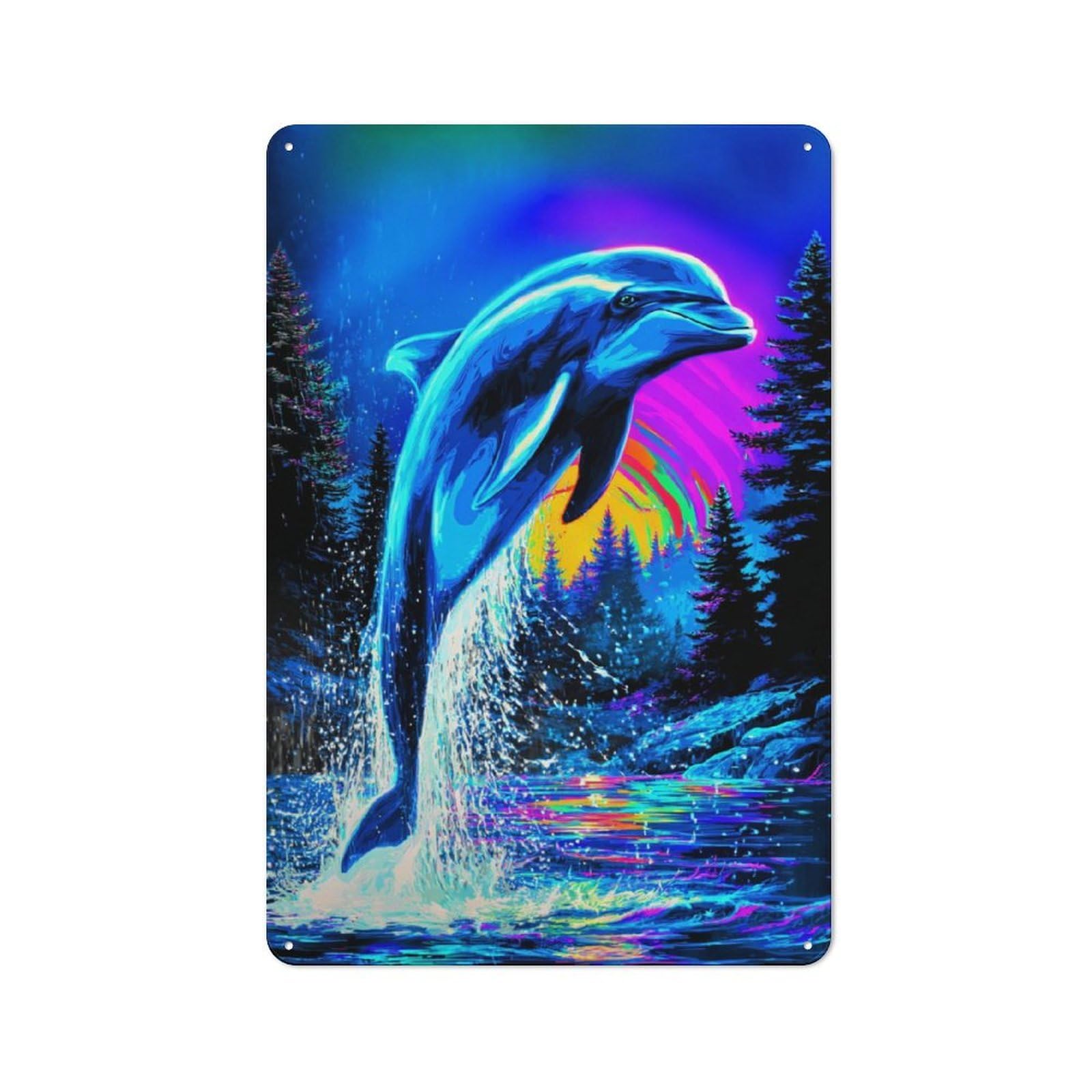 Retro Neon Dolphin Sunset Vintage Tin Sign 30x20cm, Cafe Wall Decor for Kitchen, Cafe, Pantry Or Dining Room