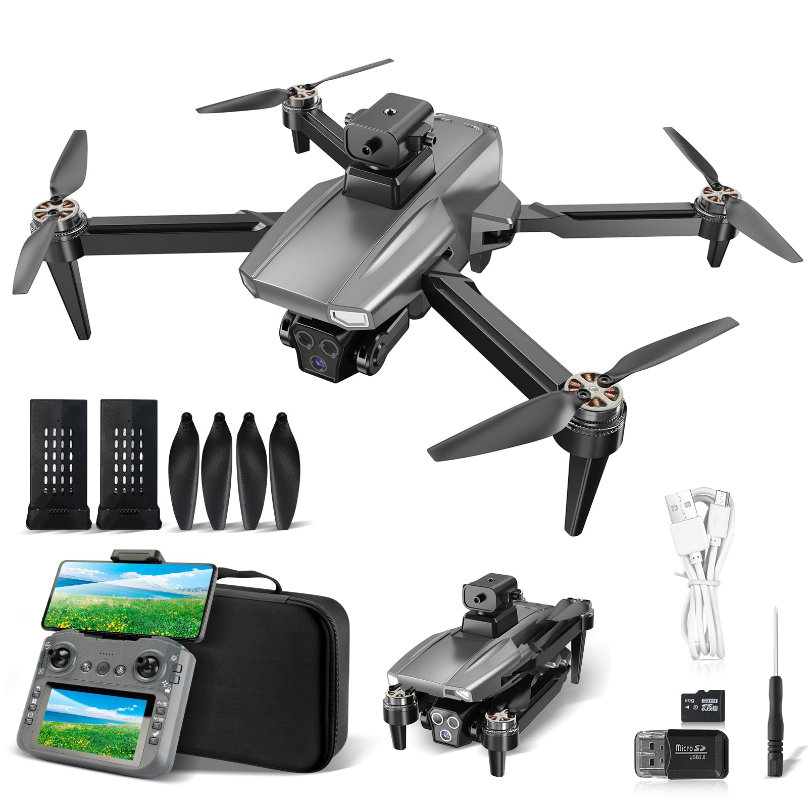 Drone com Câmera 4K, Motor Brushless, Evita Obstáculos 360°, Controle com Tela 4.5", 2