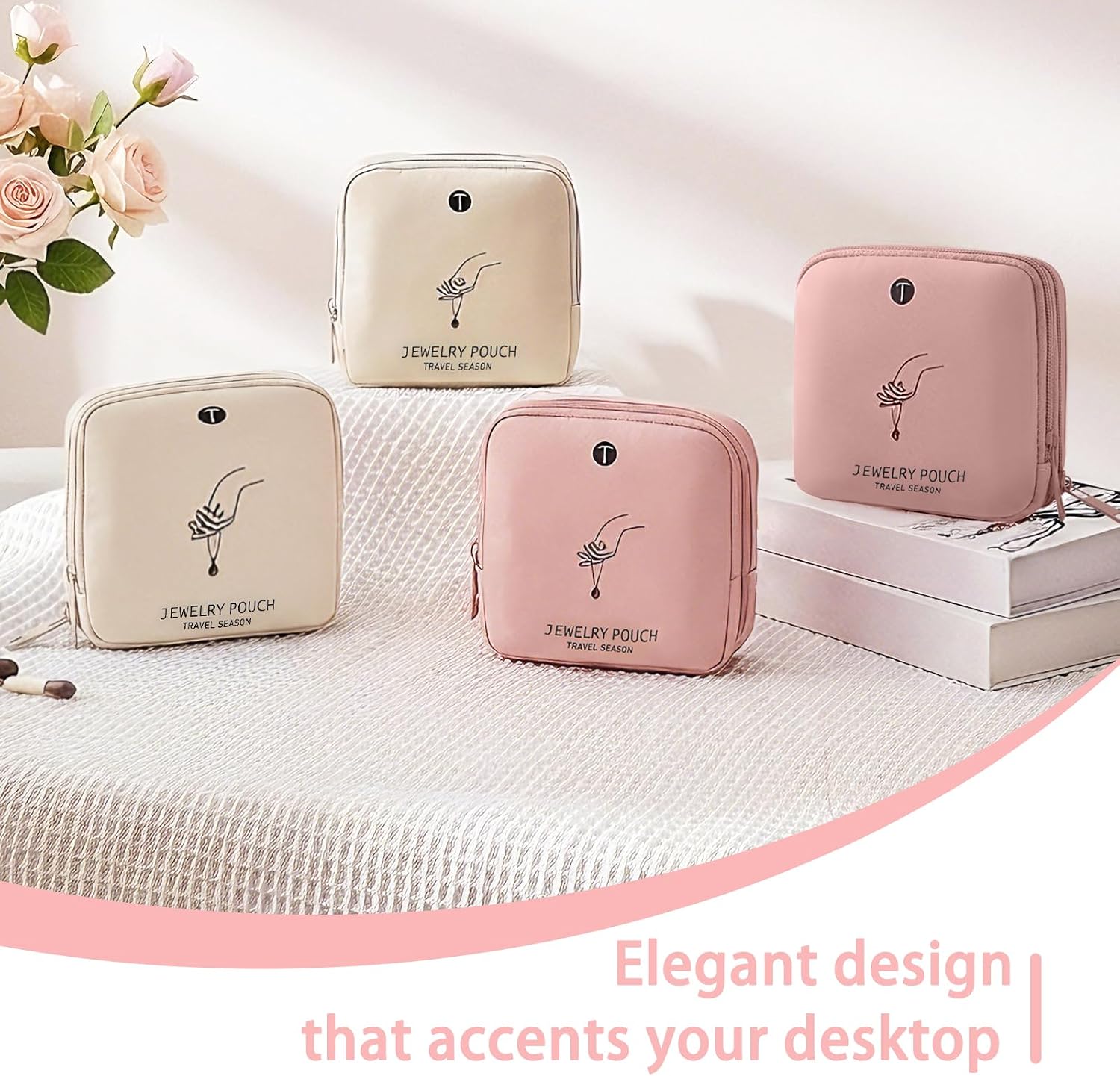 Mini Travel Jewelry Bag Waterproof Jewellery Organizer Soft Velvet Jewelry Holder for Bracelet Rings Earring Birthday Gifts Pink Double Layer