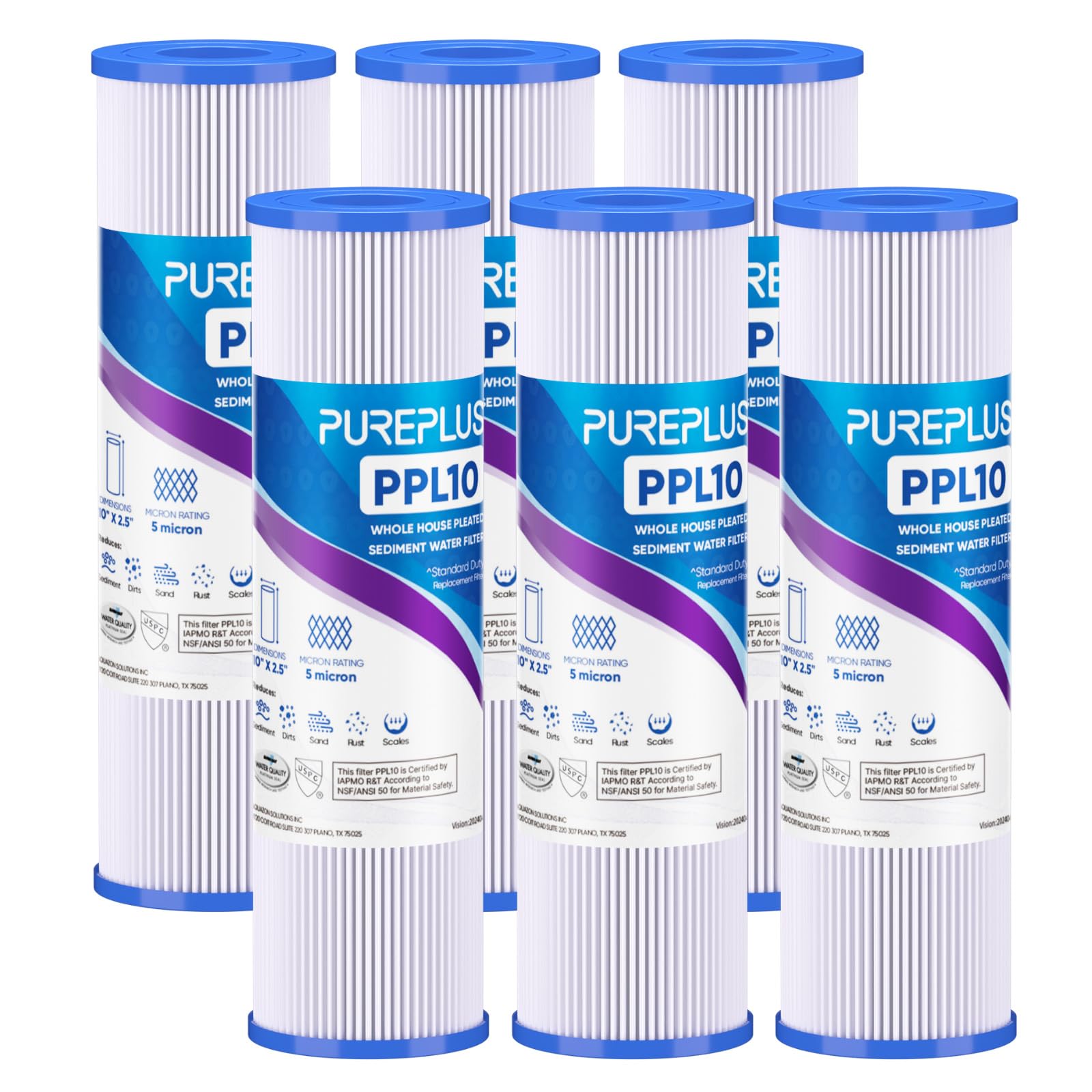 PUREPLUS Filtro de sedimentos plisado de 5 micras de 10 x 2.5 pulgadas para agua de pozo, cartucho de repuesto para sistema universal RO de 10 pulgadas, W50PE, WFPFC3002, SPC-25-1050, FM-50-975, 801