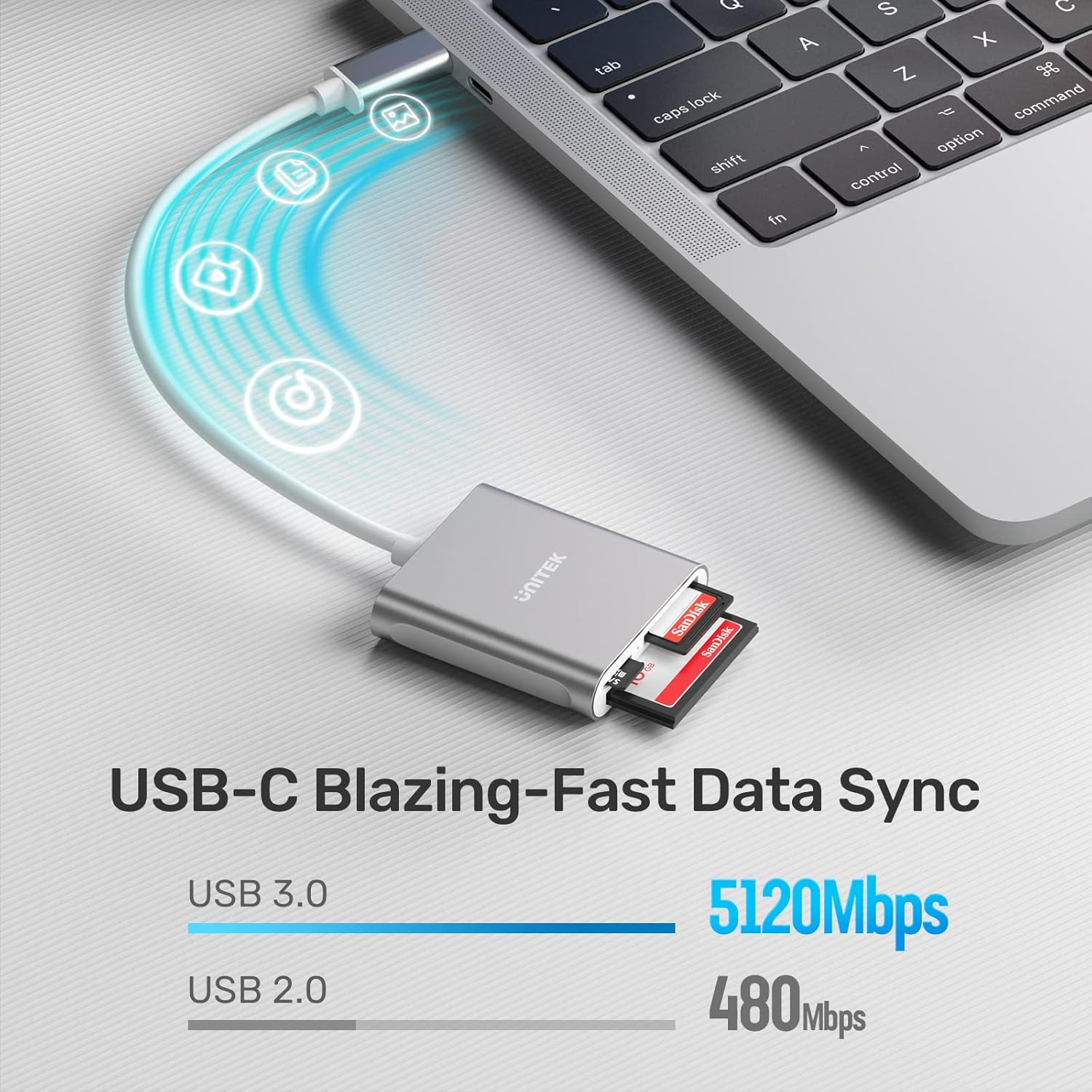 Graphic illustrating USB 3.0 data transfer speed of 5120Mbps compared to USB 2.0 at 480Mbps