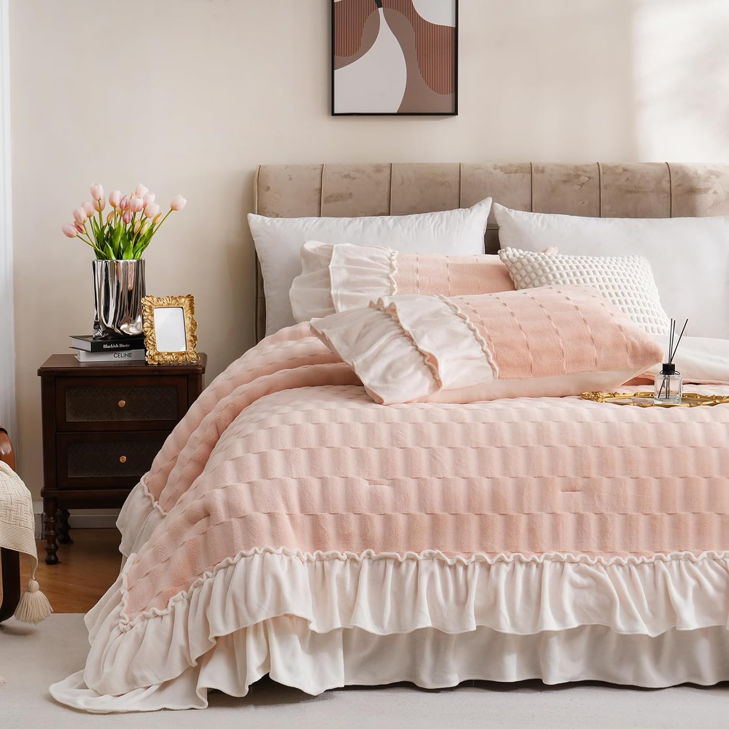 Bedding_Dreamer Faux Fur Comforter Set King Pink Fluffy Bedding Set Boho Ruffle Bed Home Decor Soft Fluffy Fuzzy Plush Diwn Comforter Pink Shaggy Quilt Set