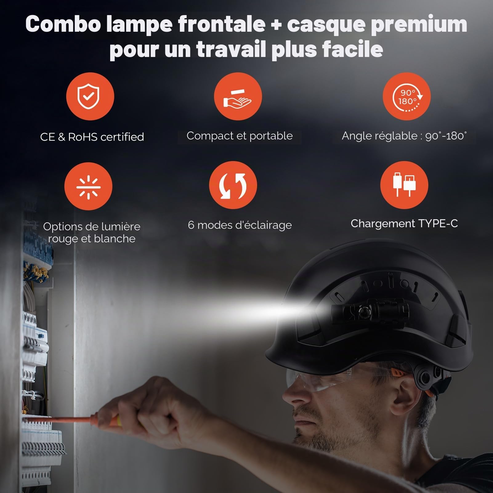 EN397 Casque de sécurité avec lampe frontale, lampe de poche, casque de sécurité avec mentonnière réglable 53-63 cm pour construction, sylviculture, industrie