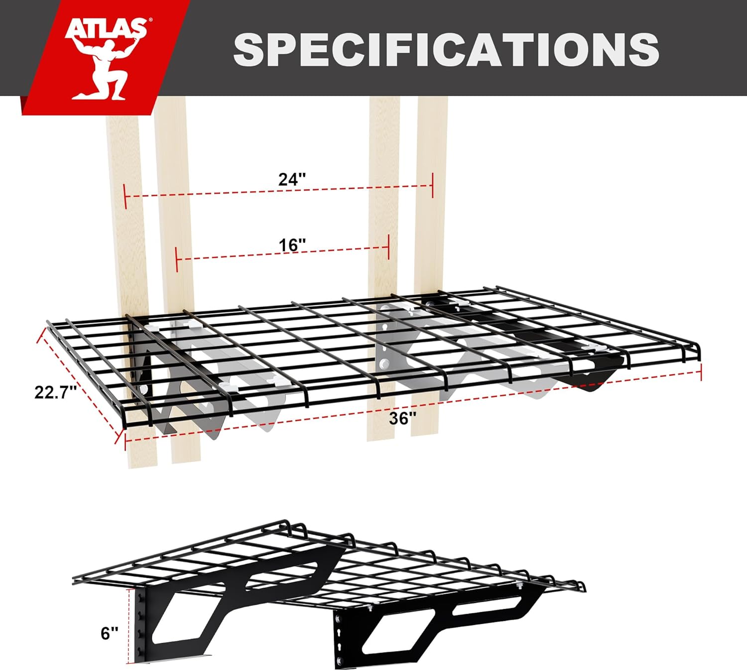 The Atlas 2-Pack 2x6 ft Garage Wall Shelves, 800lbs Heavy Duty Garage Shelving Wall Mounted, 24"x72" Metal Floating Shelf Storage Rack, Hammertone