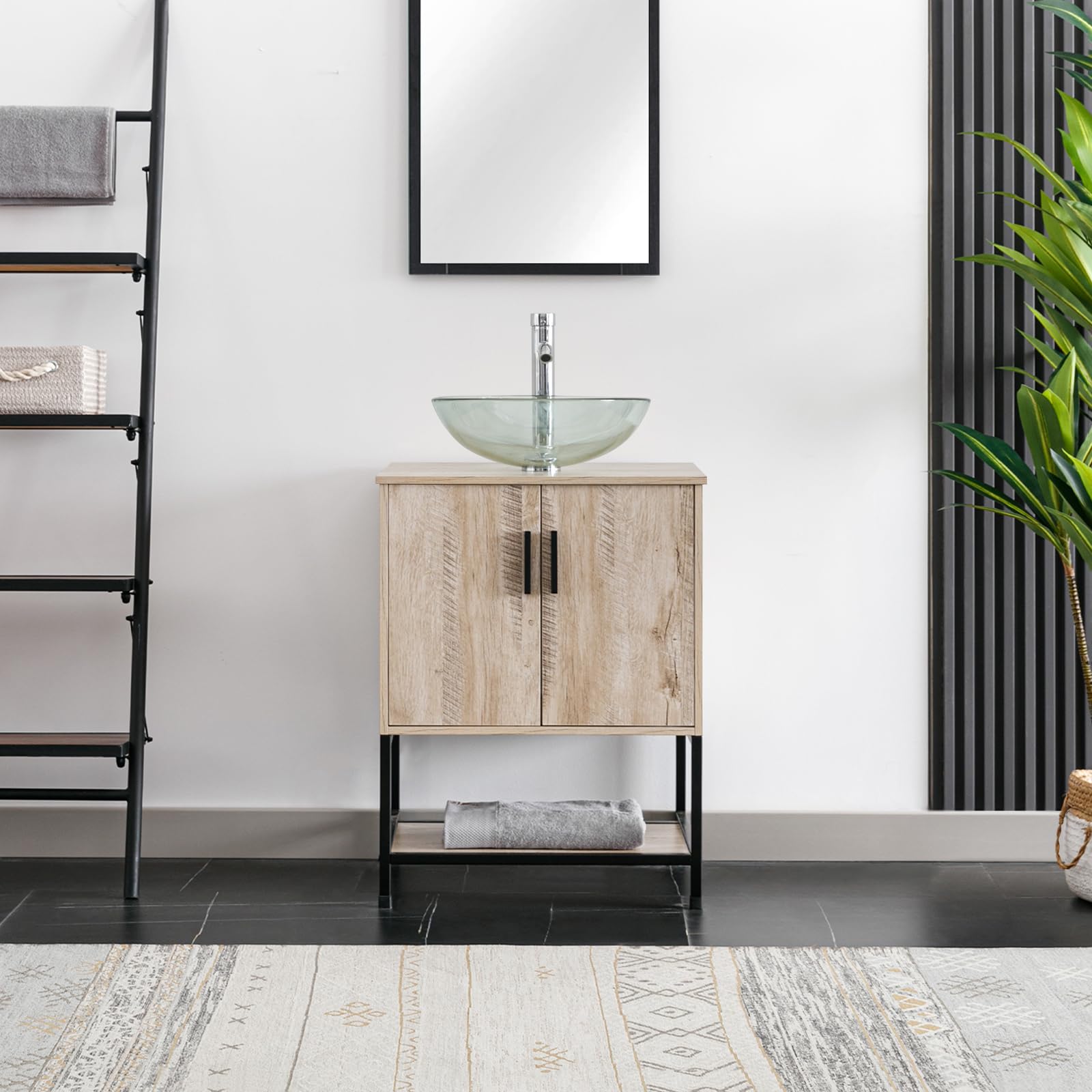 eclife 24" Bathroom Vanity Sink Combo Cabinet Modern Stand Pedestal Round Clear Tempered Glass Vessel Sink W/Chrome Bathroom Solid Brass Faucet & Pop Up Drain (A16 B16AK)