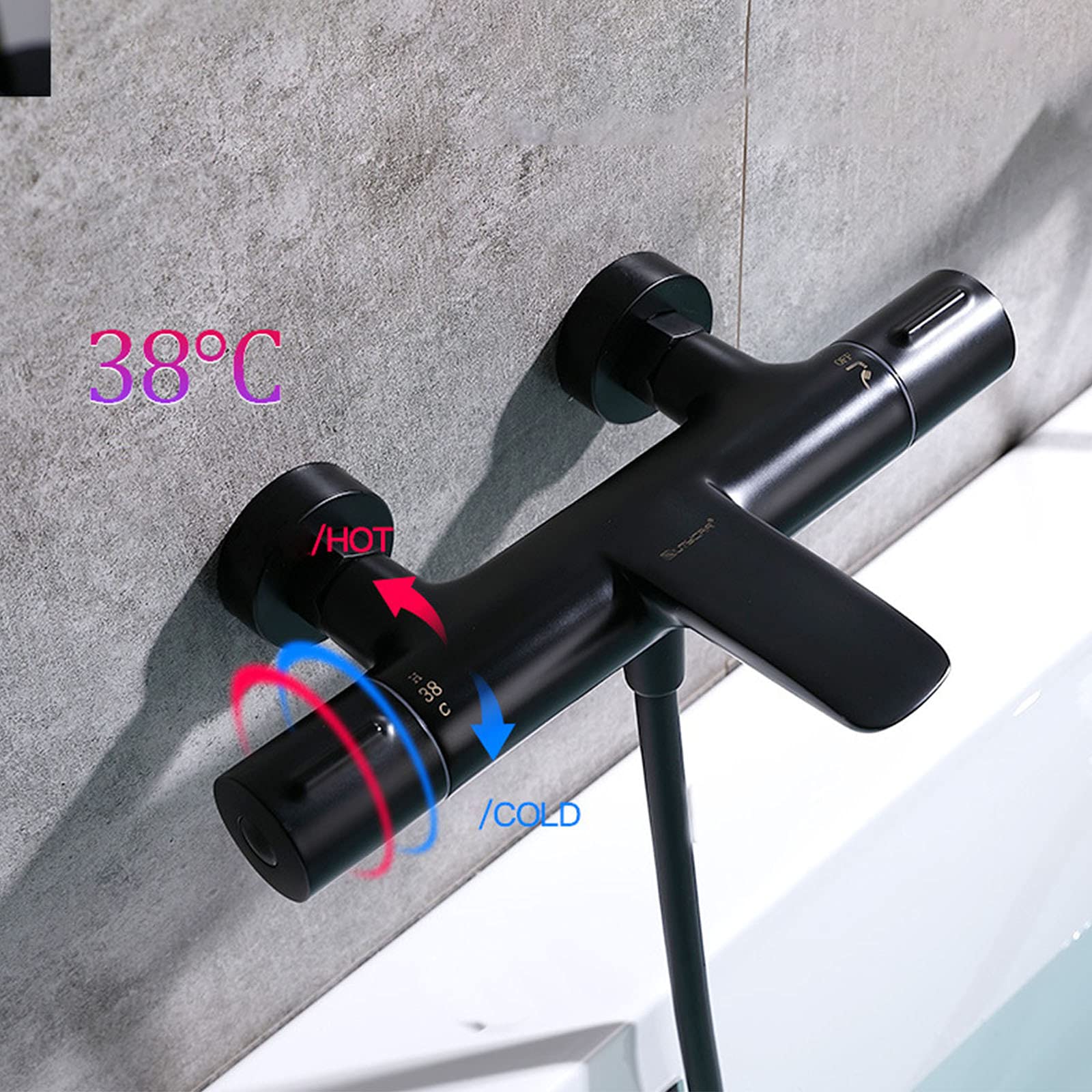 Zestaw baterii wannowej, bateria prysznicowa termostatyczna ścienna 38℃, miedziana bateria łazienkowa z mieszaczem ciepłej i zimnej wody, głowica prysznicowa z pistoletem natryskowym, wydłużona bateri