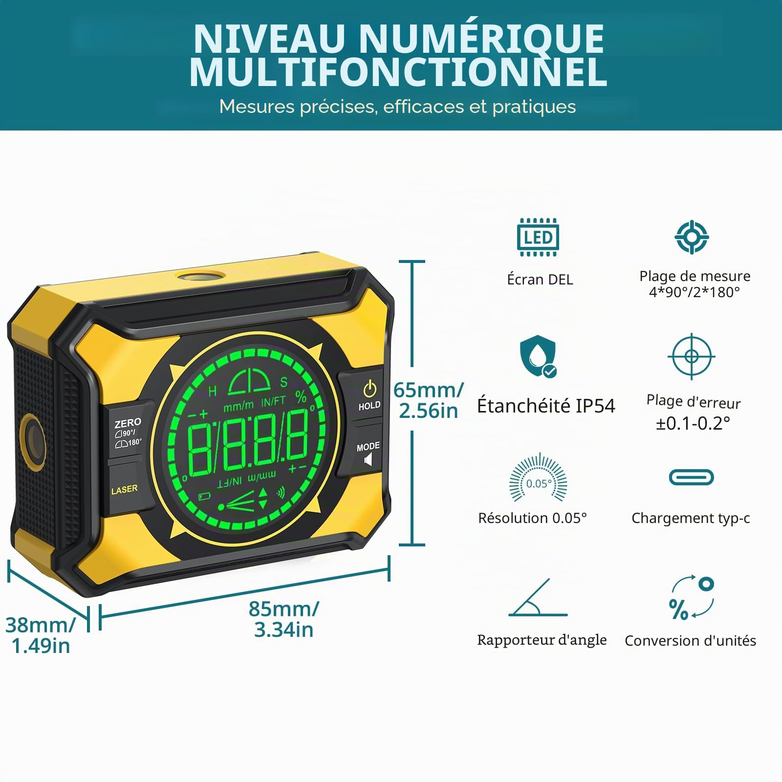 Inclinomètre Numérique 3-en-1 avec Laser Croix, Niveau Rechargeable Type-C, Angle 4x90° & 2x180°, Magnétique Haute Précision 0.05°, Outil pour Menuiserie, Scie, Bricolage, Tableaux
