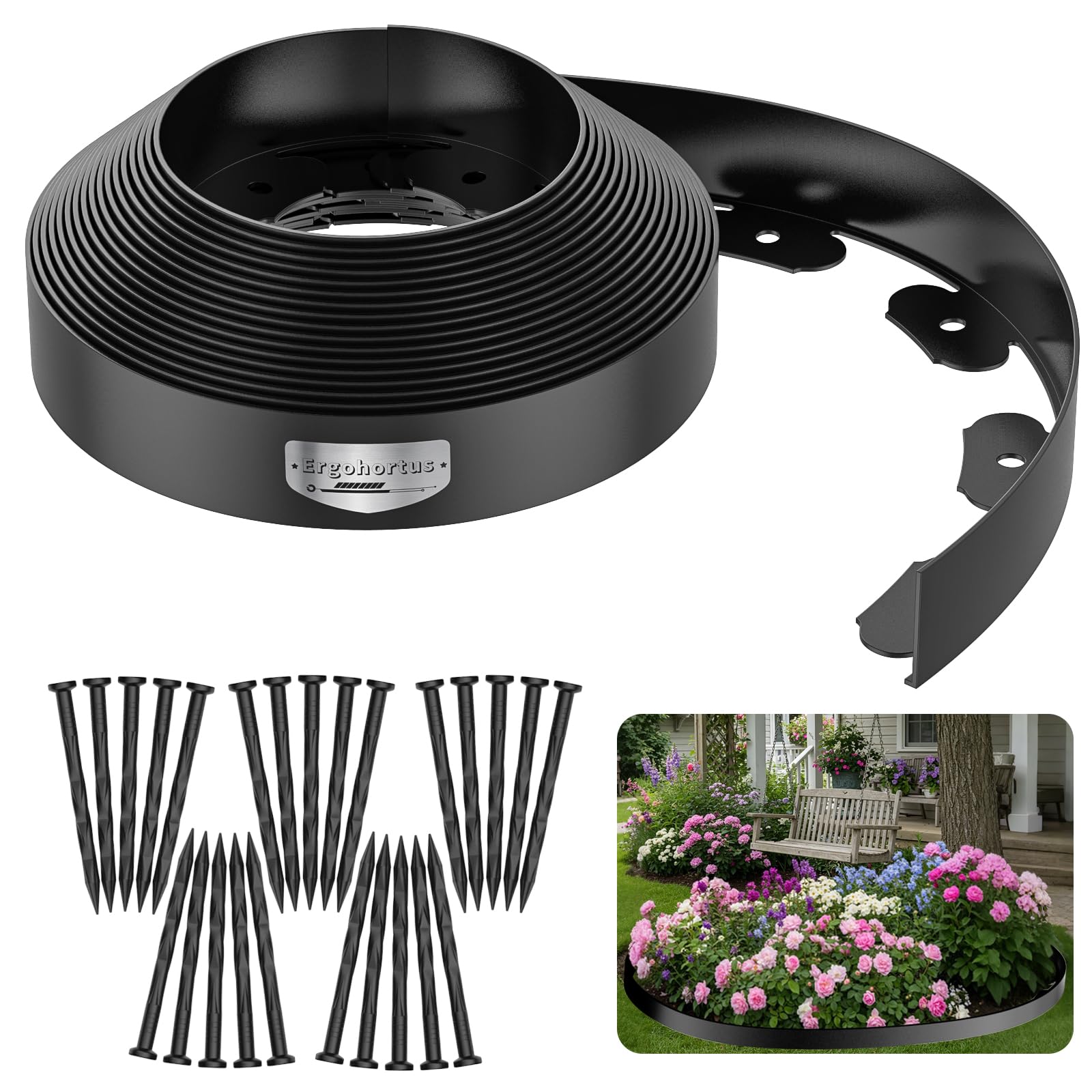 Ergohortus Lawn Edging, 10m Garden Edging Border with 30 Pegs, Plastic Garden Borders Edging with 4.6cm High, Flexible for Grass Edging, Flower Beds Edging, Lawns and Pathway, Black