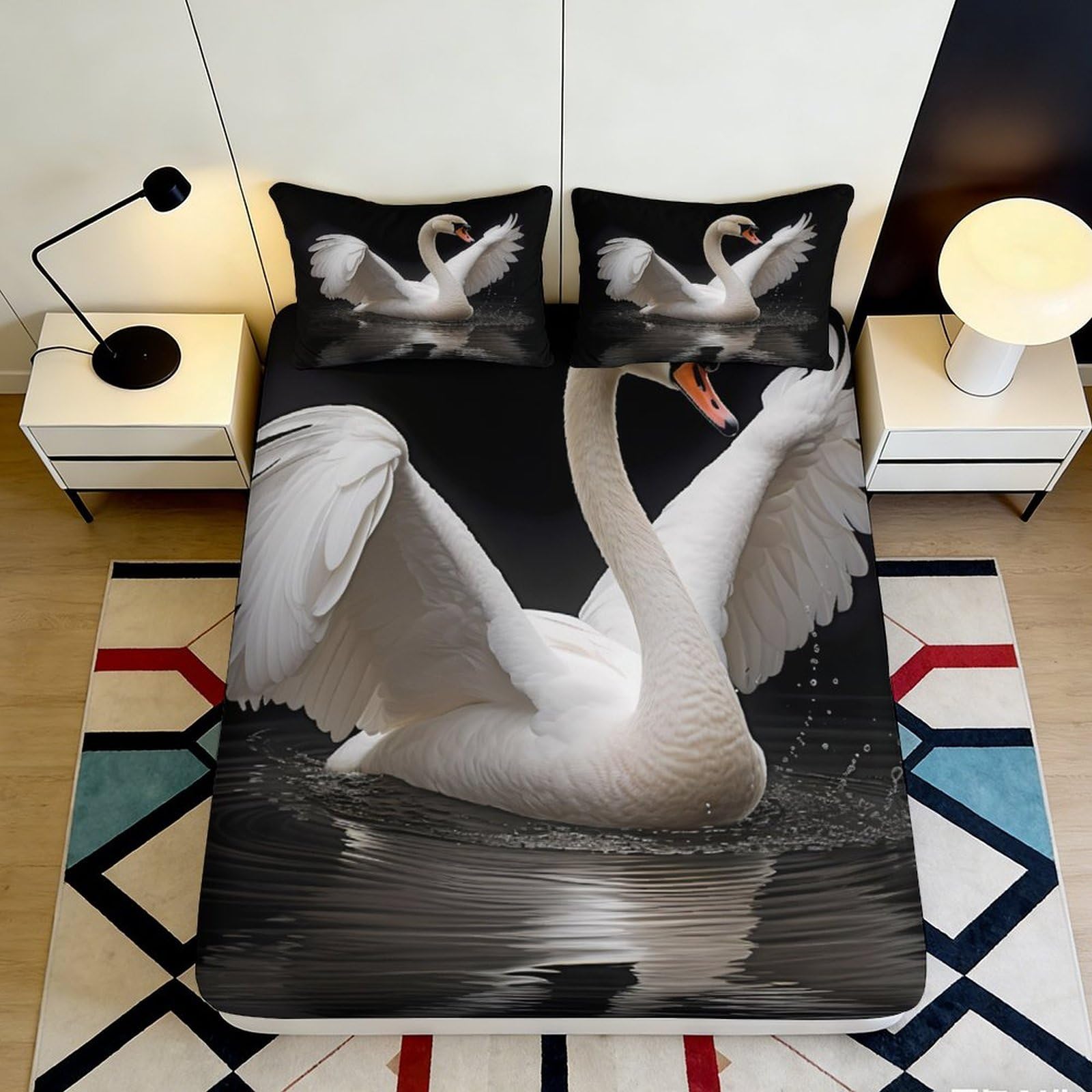 3D Printed Swan Fitted Sheet Microfiber Deep Pocket Non-Slip Swan Mattress Fitted Cover Bedroom Bedding for All 90x200x25cm