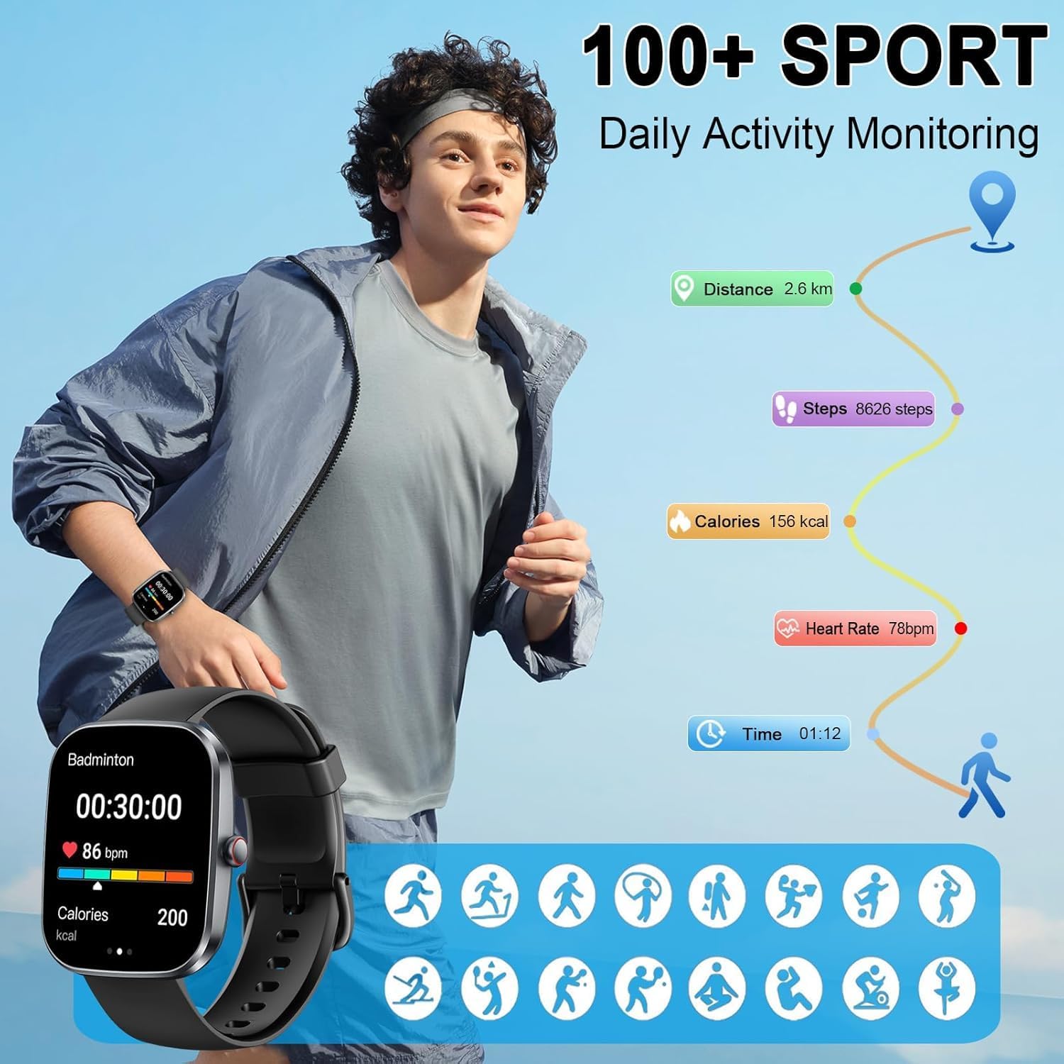 Smartwatch Herren Damen, 1.91'' Zoll HD Smart Watch mit Bluetooth Anrufe, Fitness Tracker Schrittzähler mit 110+ Sportmodi, Schlafmonitor SpO2 Herzfrequenz, IP68 Wasserdicht Fitnessuhr für Android iOS